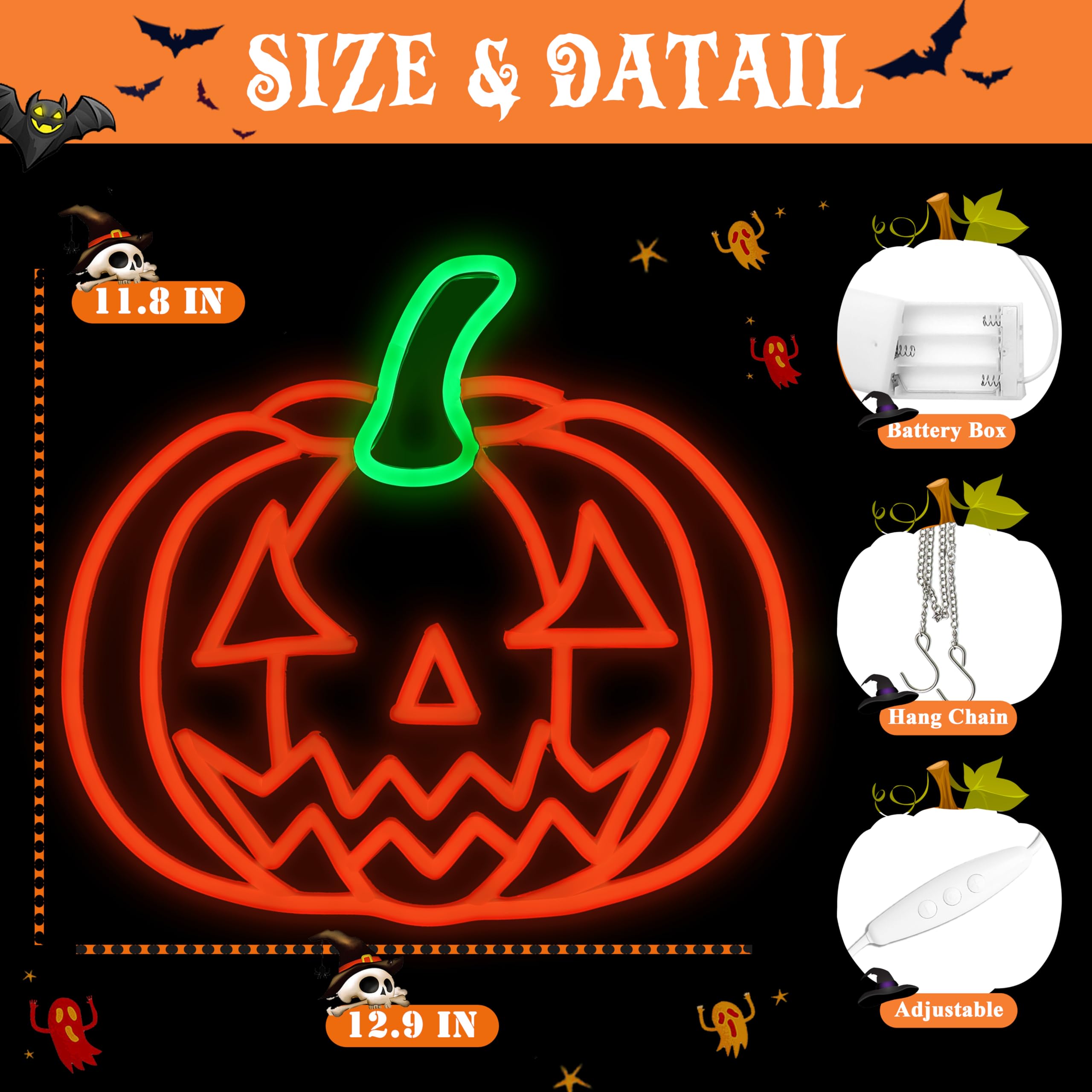 Shellvcase Halloween Neon Sign, Pumpkin Light, Adjustable Brightness, Battery/USB Powered, 12.9 x 11.8 inches