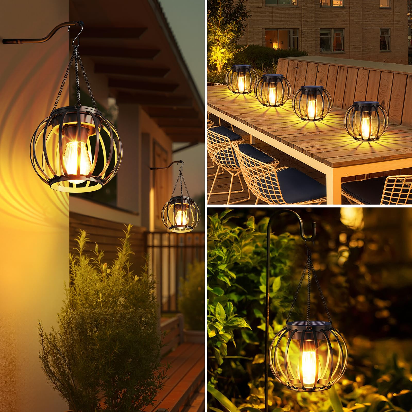 Aounq Solar Lanterns Outdoor Waterproof 4 Pack  Upgraded Metal Hanging Solar Lights For Outside With Auto On/Off & Hook - Brighter Hanging Outdoor Lanterns Decorative Lighting For Garden Patio Yard
