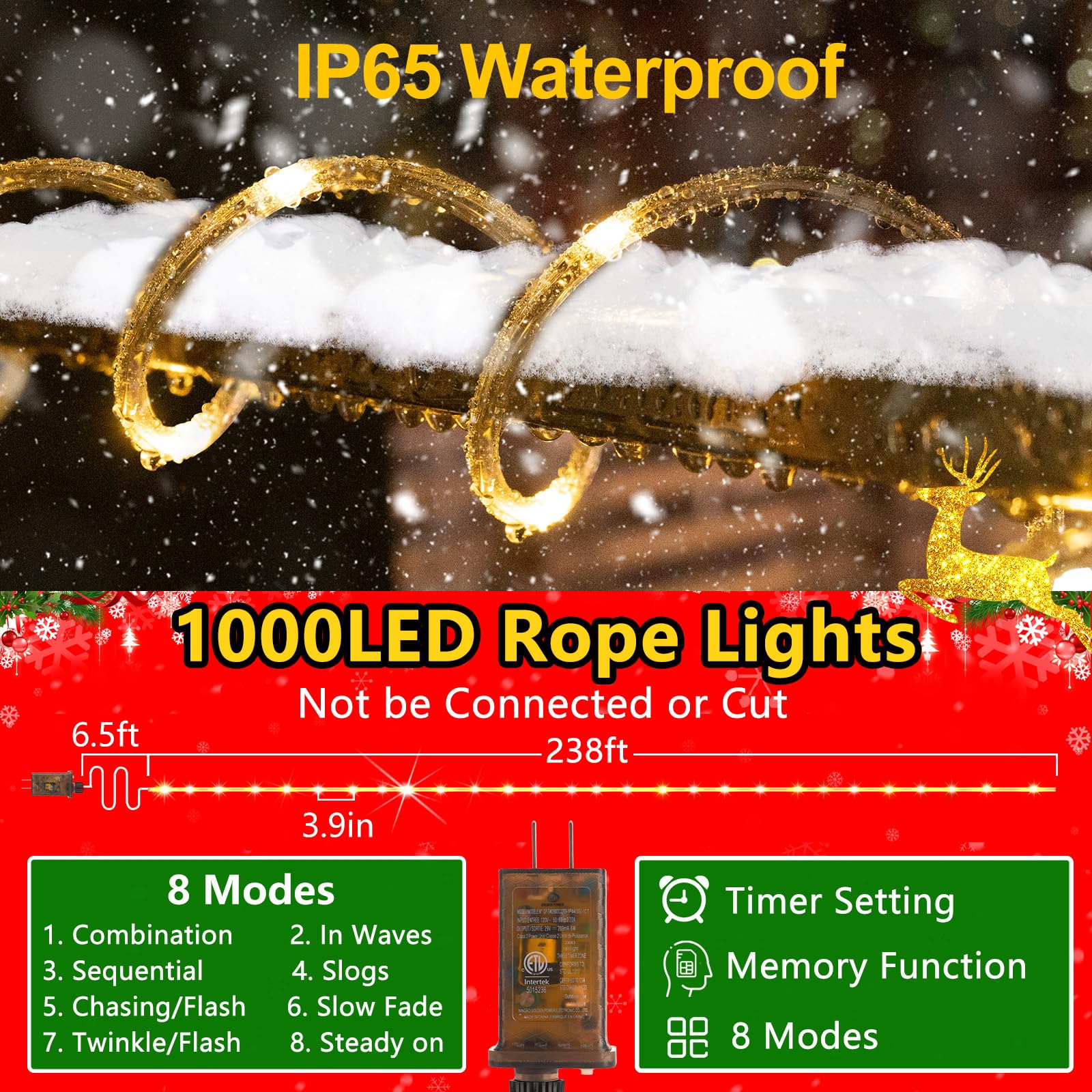 KNONEW 164FT 1000LED Outdoor Waterproof Rope Lights, Warm White, 8 Modes for Indoor/Outdoor Decoration, Model KN-1000-LIG168-01