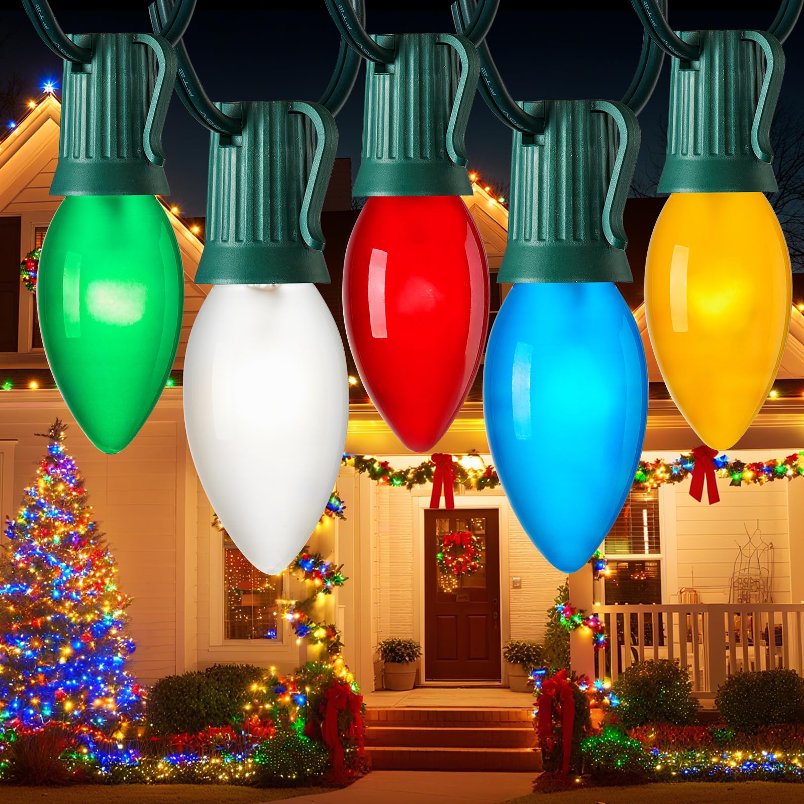 Multicolor C9 Christmas Lights Ceramic, C9 50ft Vintage Incandescent String Lights with Opaque Bulbs for Christmas Tree Patio Ro