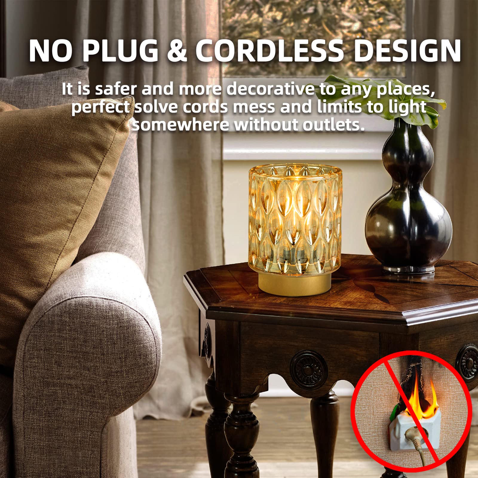 MJ PREMIER Battery Operated Table Lamps, Cordless Mini Crystal Lamp, 2 Packs, Amber, LED Bulb for Home Decor