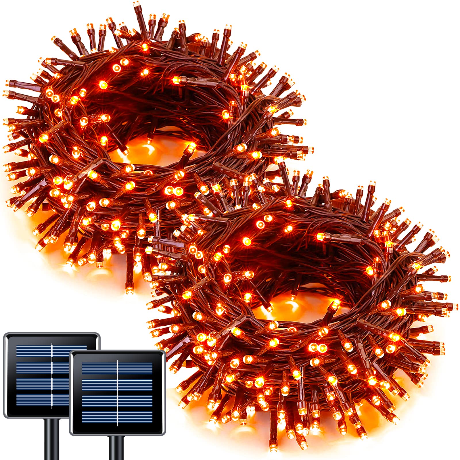 JMEXSUSS Solar Halloween Lights, 100 LED, 33ft, Waterproof, 8 Modes, Orange, Model EXS-S-0100, 2 Pack