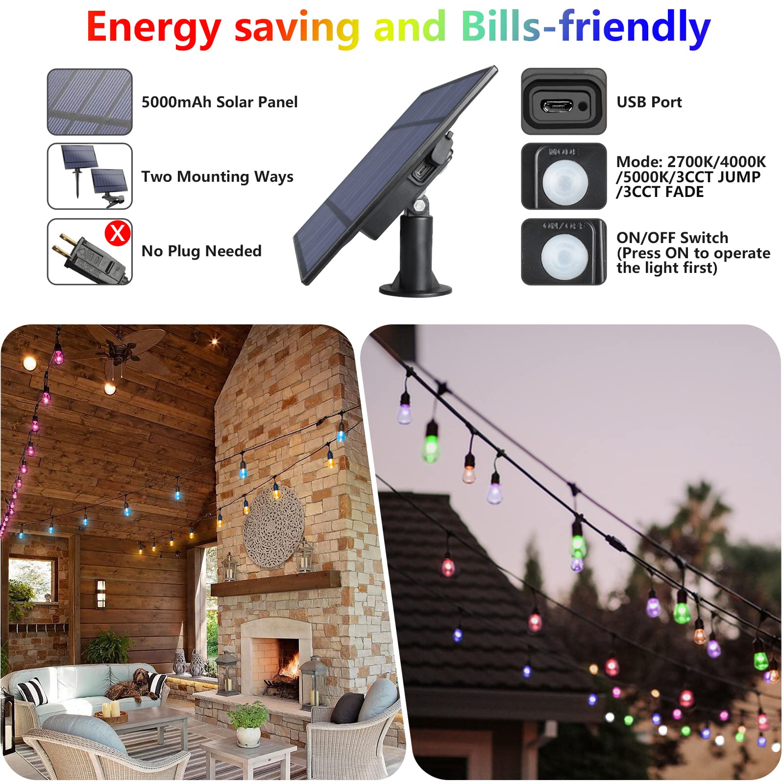 WENFENG 2-Pack 48FT Solar RGB LED String Lights, Dimmable, Shatterproof Bulbs, Multicolor, Ideal for Patio, Yard, Party