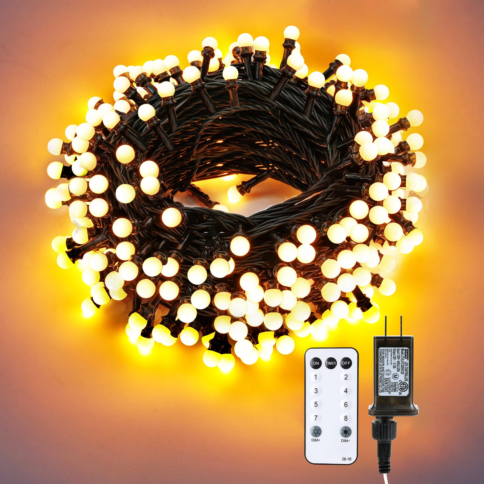 Brizled LED String Lights, 66ft 200 LED Warm White, 8 Modes, Green Wire for Indoor Outdoor Use