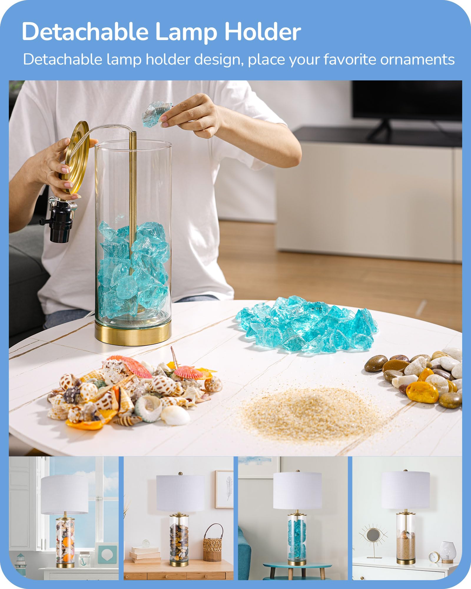 EDISHINE 23.6 Glass Table Lamp Set of 2 - DIY Fillable Base, White Linen Shade, Gold, UL Listed, Tall Bedside Lighting for Living Room & Bedrooms