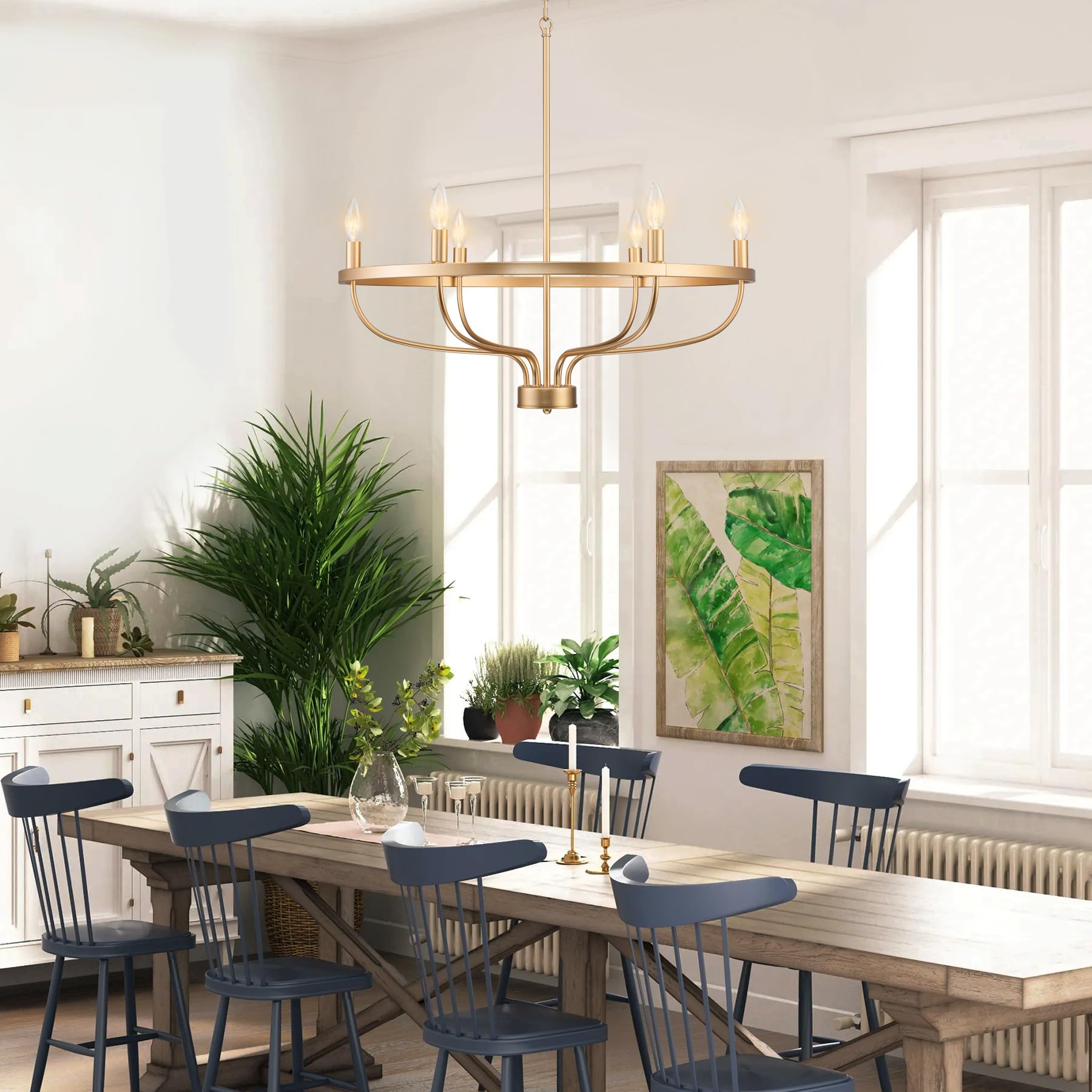 Brknit 6-Light Gold Chandelier, Candle Chandeliers For Dining Room, Vintage Farmhouse Chandelier Light Fixture For Entryway, Bed