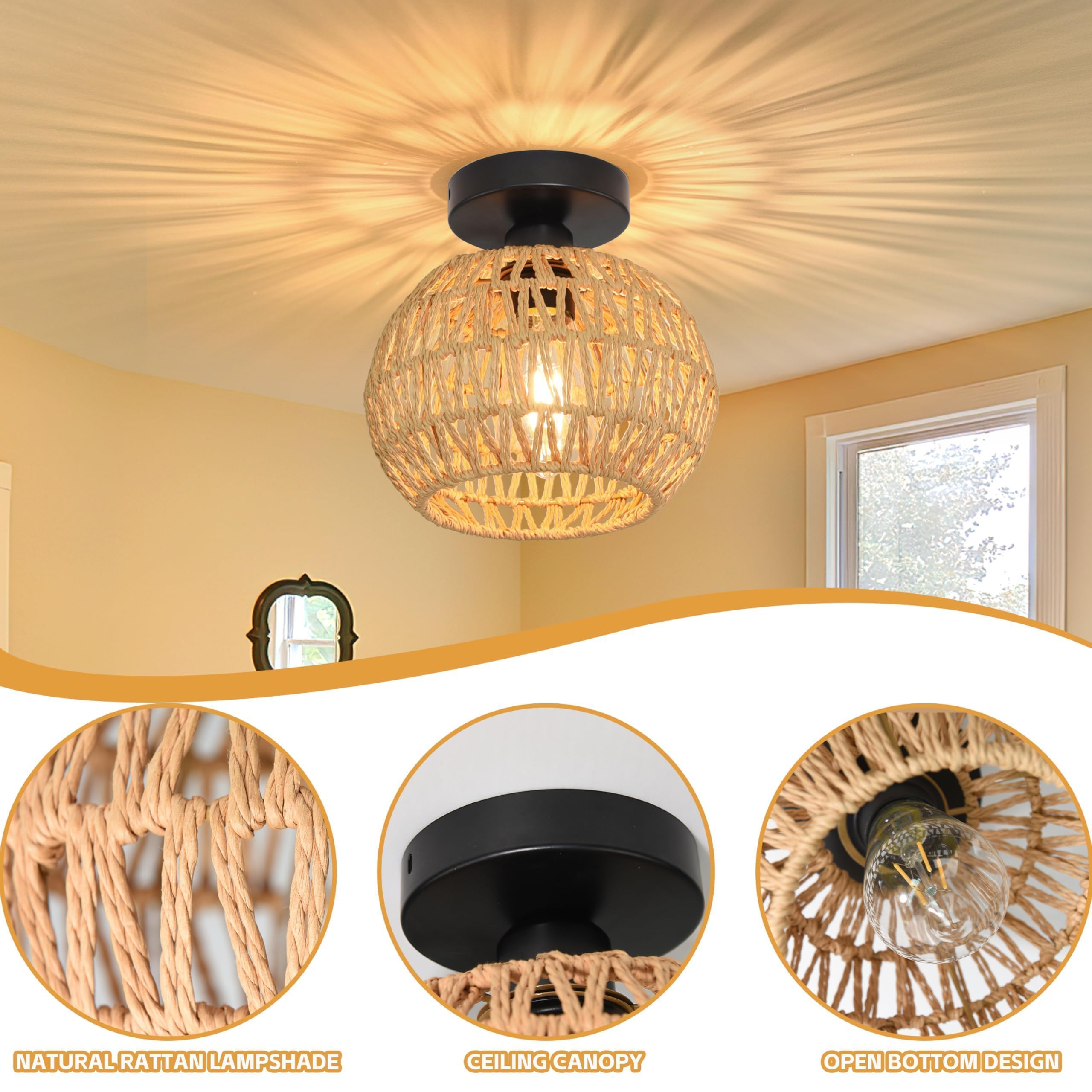 Ayshwilldec 8.7 Inch Mini Rattan Ceiling Light Fixture - Boho Wicker Flush Mount With Hand Woven Shade For Hallway Bedroom