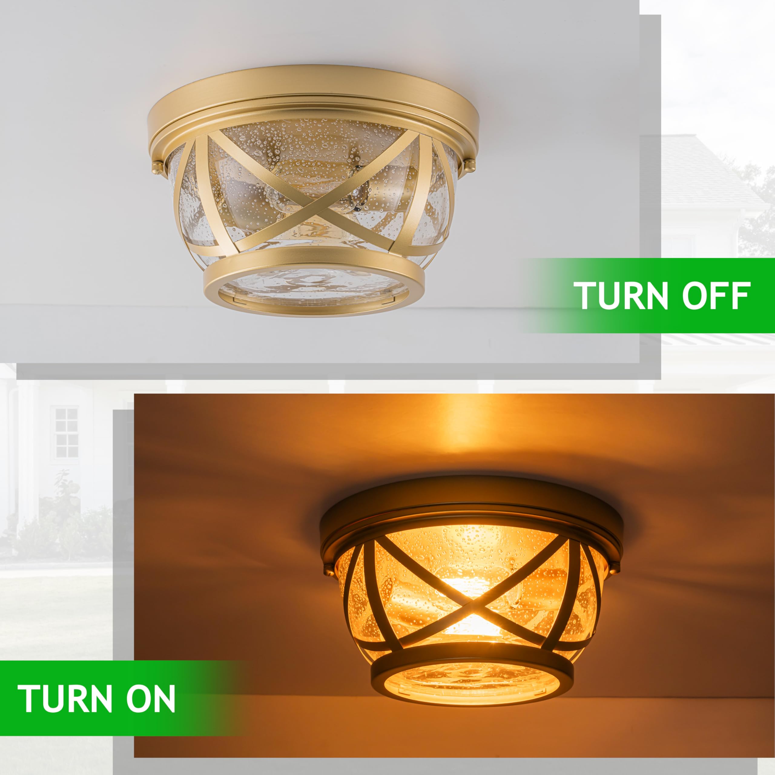 Flush Mount Ceiling Light Fixture Gold, 2-Light Modern Farmhouse Porch Light Ceiling Mount For Outdoor, Indoor Flush Mount Light Fixture For Hallway Foyer Kitchen Bathroom With Seeded Glass