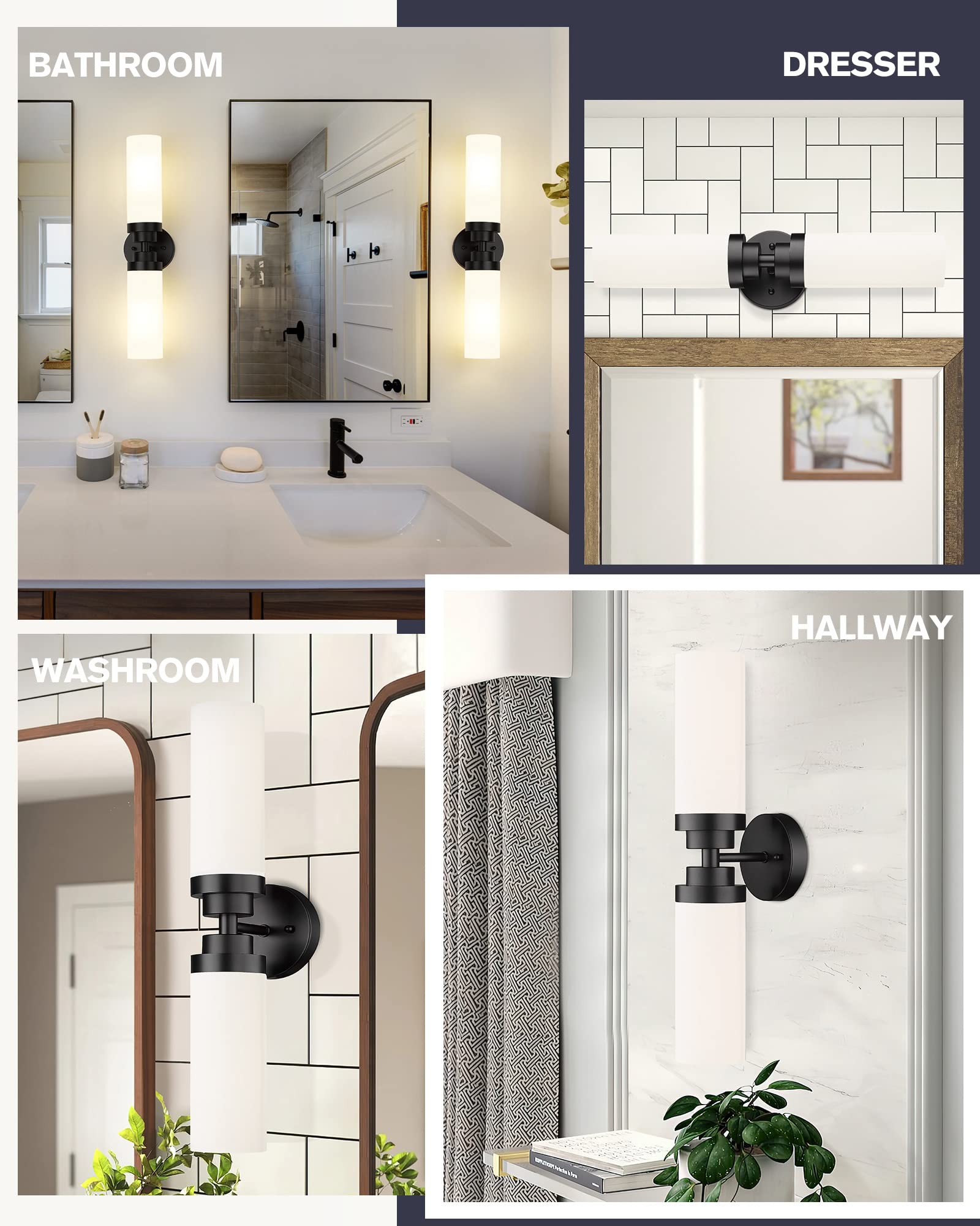 Emak 2 Light Black Vanity Lights For Bathroom, 22 Inch Bathroom Light Fixtures Modern Wall Sconces With Milk Glass Shade For Bat