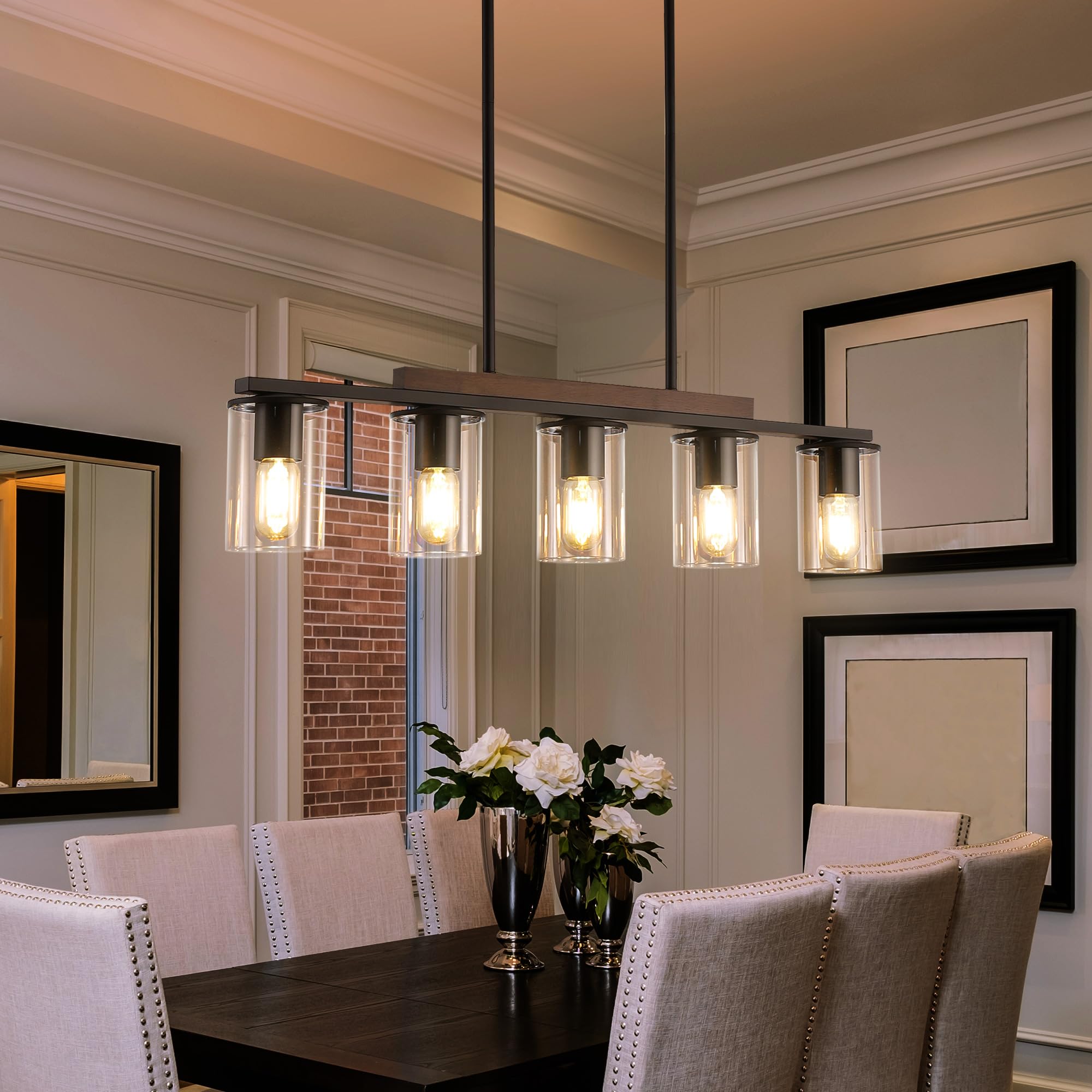Mecgirn 5 Light Black Metal Linear Chandelier - Farmhouse Dining Room Pendant Light for Kitchen Island, Model D0016
