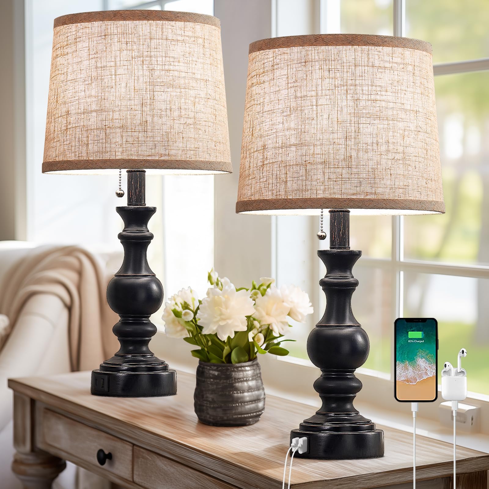Booucuu Table Lamps For Bedroom Set Of 2 Farmhouse Bedside Lamps For Nightstand With Usb C+A Charging Ports, Vintage Traditional