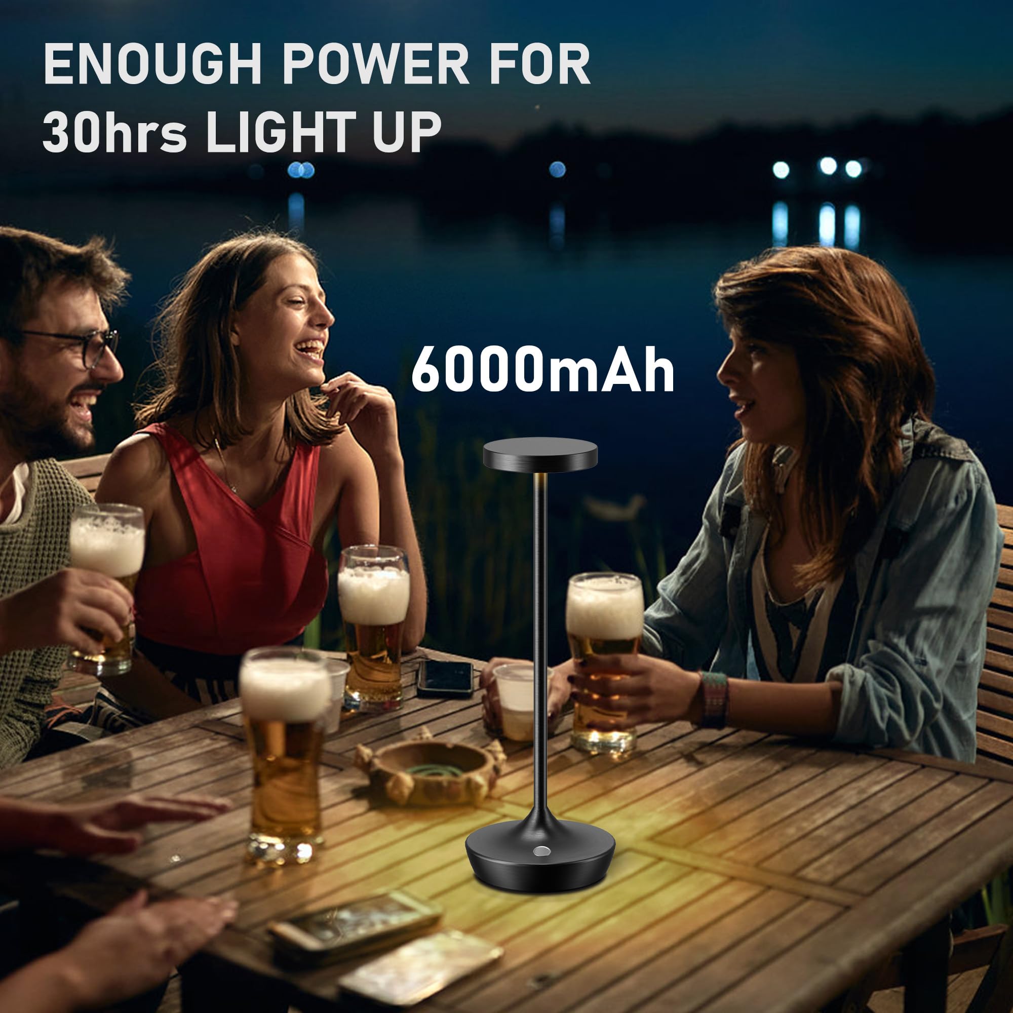 Willdoak Cordless Table Lamp - 6000mAh LED, Portable, Touch Dimmable, Waterproof, Black, Model X86