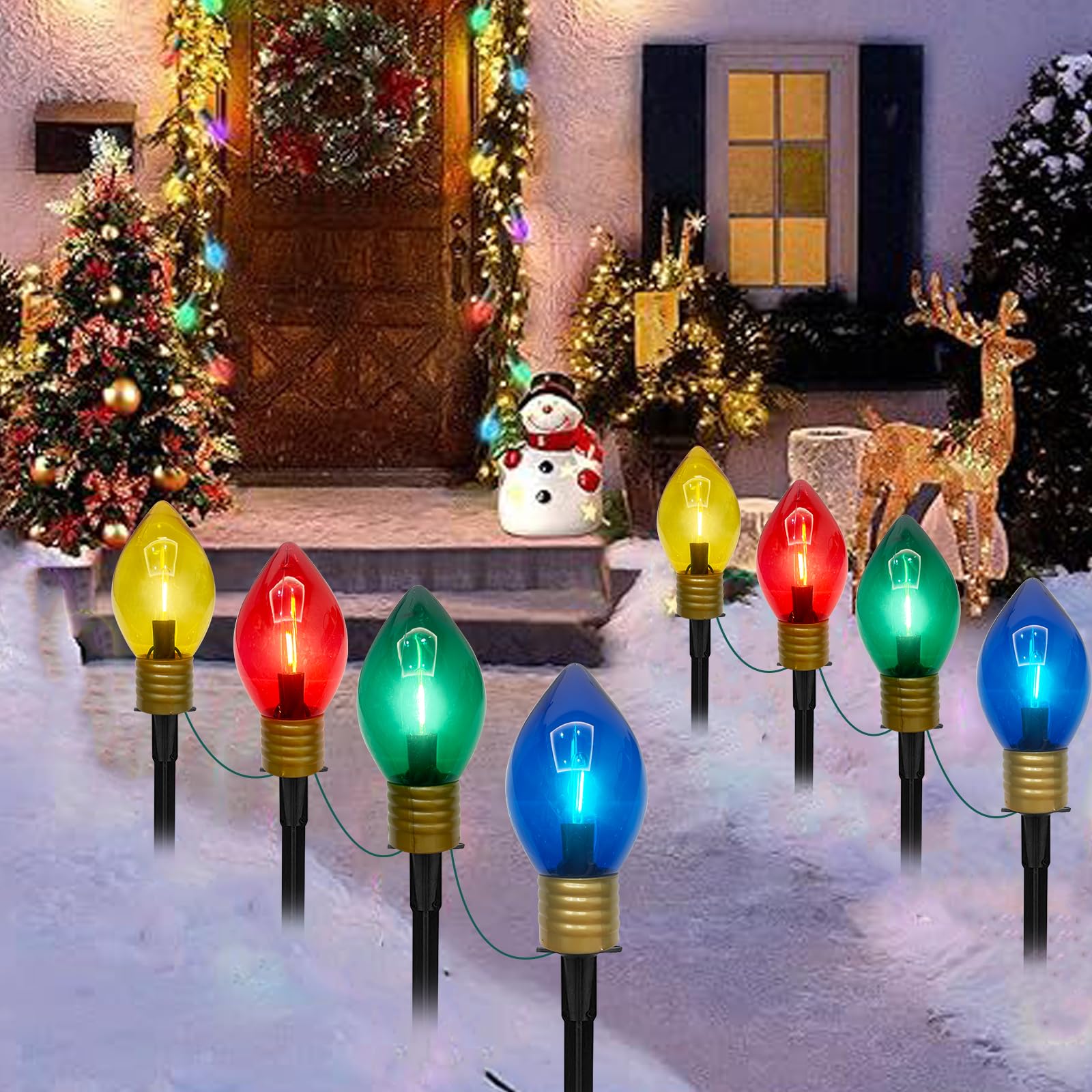 Jumbo C9 Christmas Pathway Lights Outdoor, 2 Pack 7Ft Christmas Decorations Lights with 8 LED Jumbo Multicolor Bulb and Pathway 