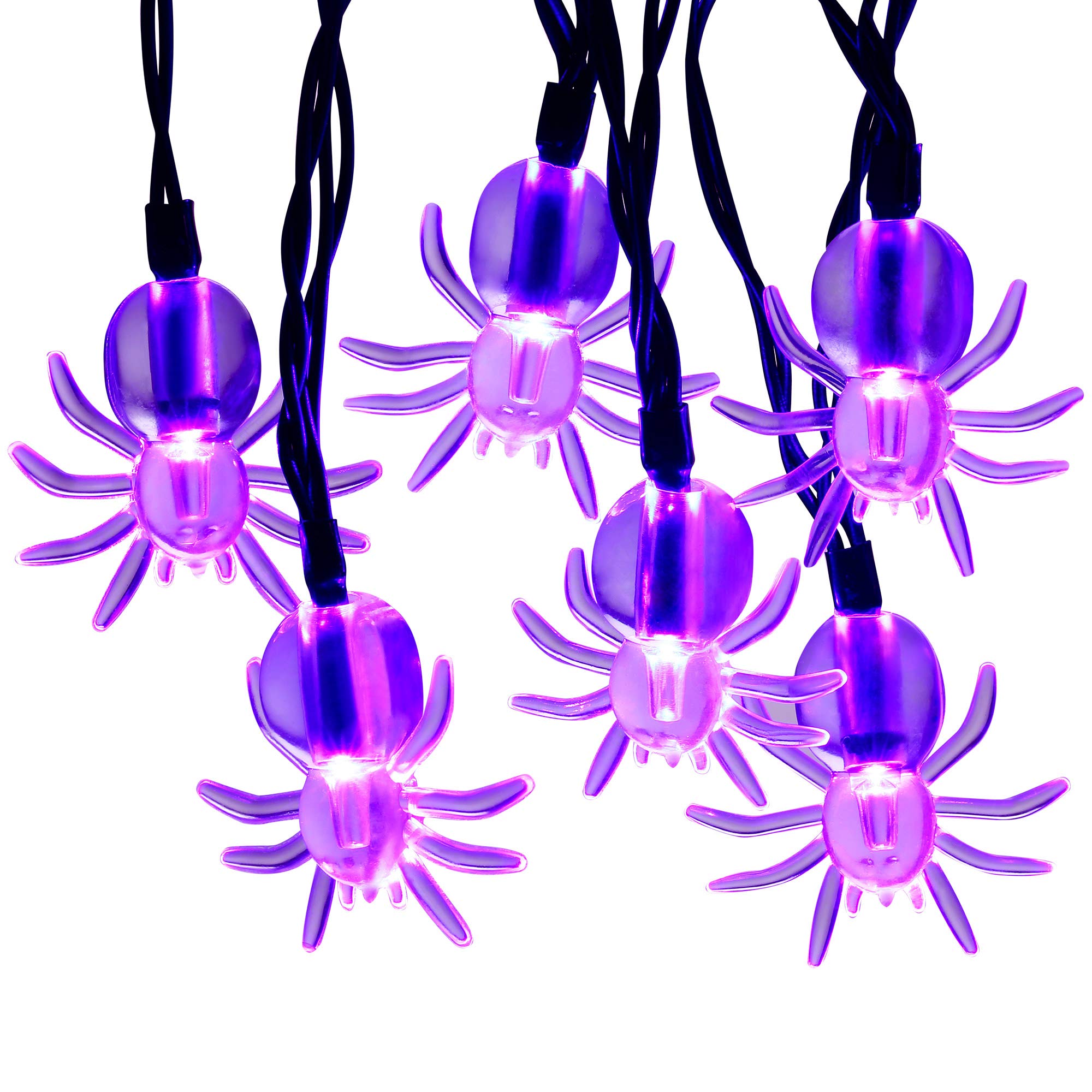 RECESKY 2 Pack Purple Spider String Lights, 80 LED, 28Ft, Battery Operated, Halloween Decor, Model HALLOSPD-P