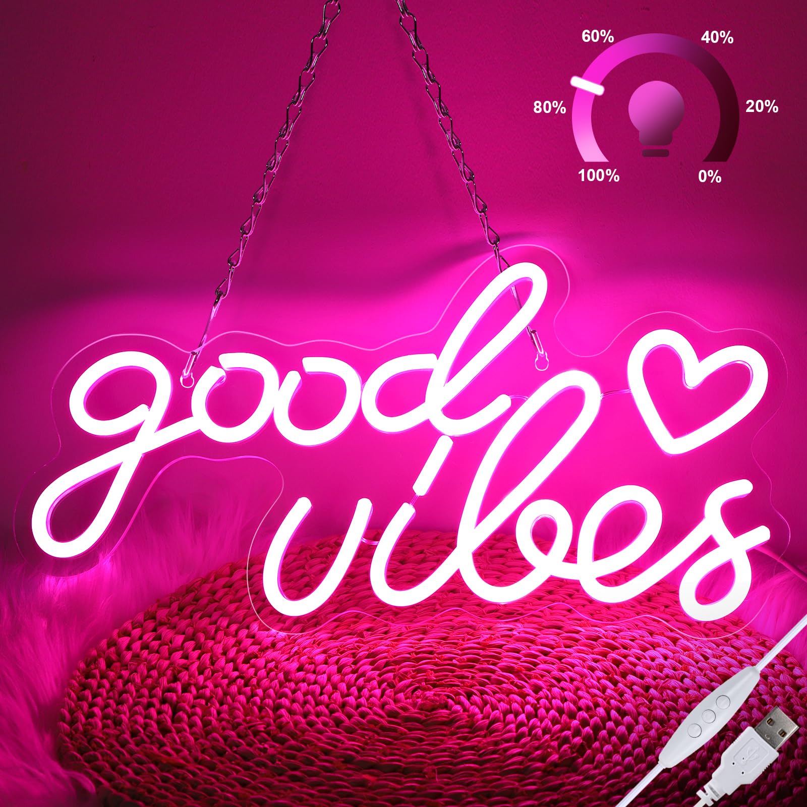 SERBASIC Neon Sign, Dimmable Good Vibes Only, 16inx8in, Pink, Model 820110005, USB Powered Wall Decor for Bedroom, Party, Wedding