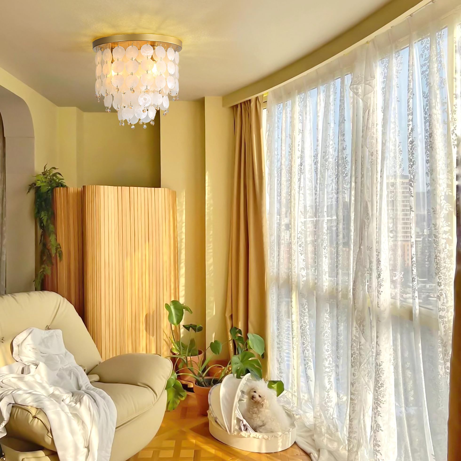 13&quot; Flush Mount Chandelier Natural Capiz Shell Ceiling Light 3 Light Mini Chandelier Gold Crystal Chandelier Hallway Light Fixtures Ceiling For Bedroom Kitchen Island Dinning Room Bulb Included