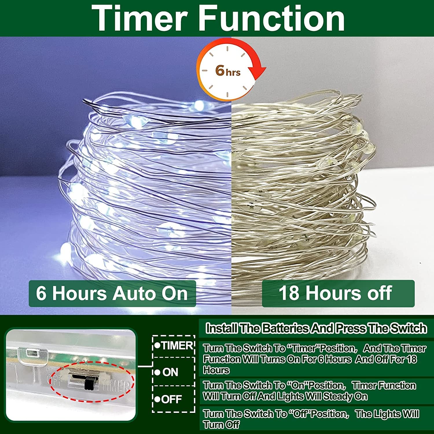 TURNMEON [ Timer 3 Set Fairy Lights, Total 60 LED, Cool White Battery Powered Copper Wire Fairy Lights, Decoration Outside Yard