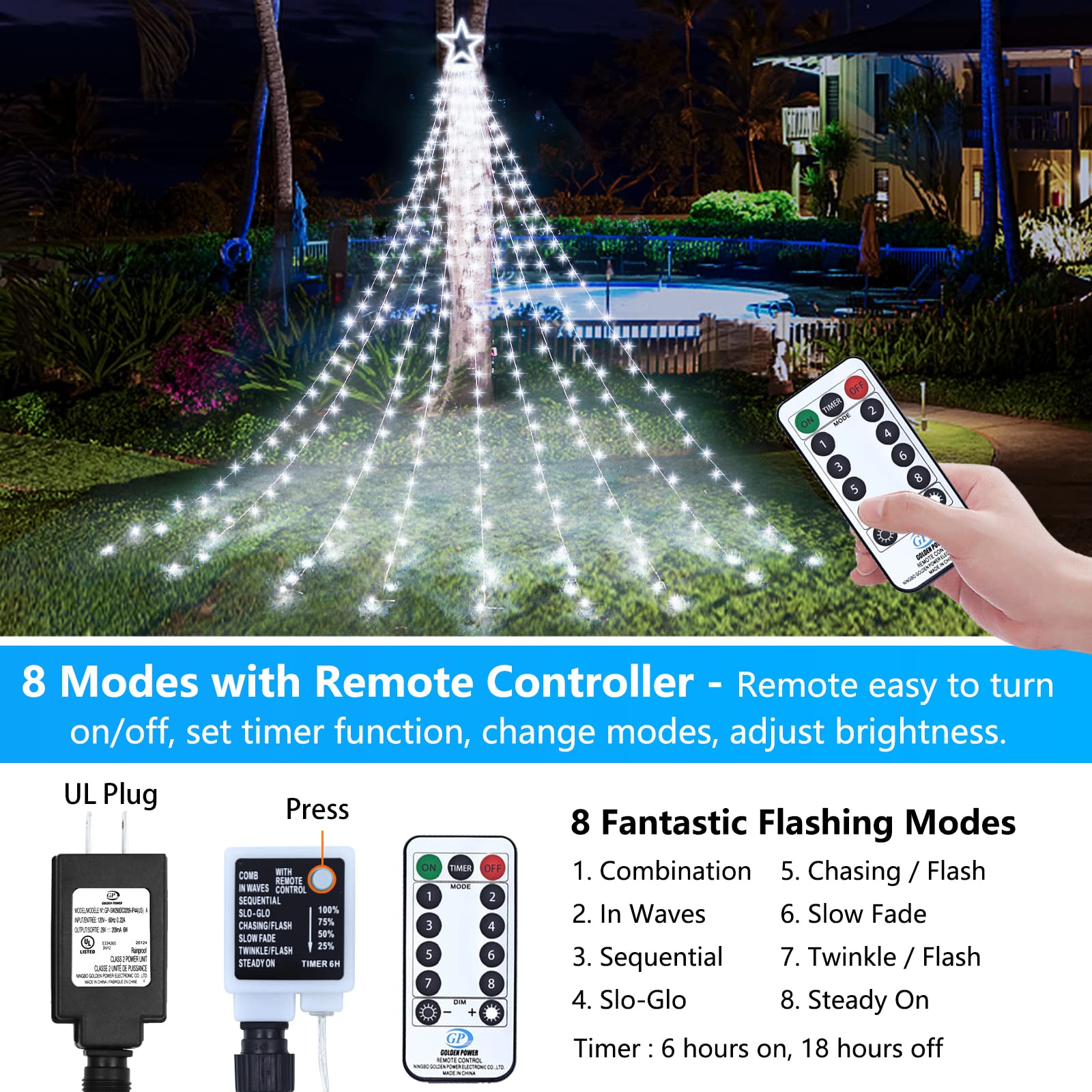 Decute Christmas Decorations Outdoor String Lights 8 Modes and Timer with Remote, Waterproof 320 LED Christmas Tree Lights Star