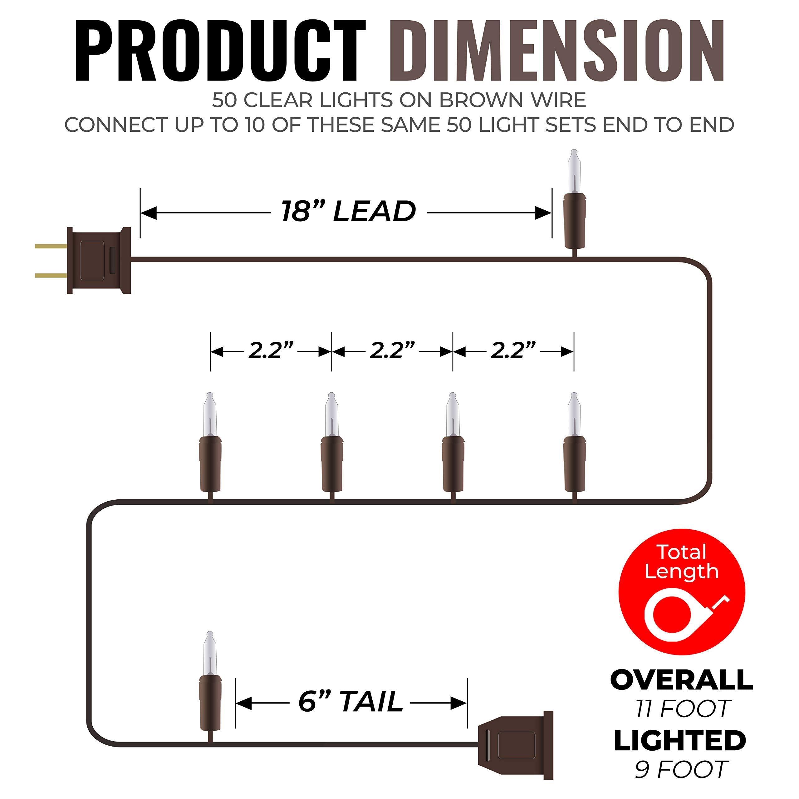 612 Vermont Clear Mini Christmas String Lights, 50 Lights, 9ft Lighted Length, Brown Wire, Indoor/Outdoor, UL Approved, Model LHS50-1(0.17)-L