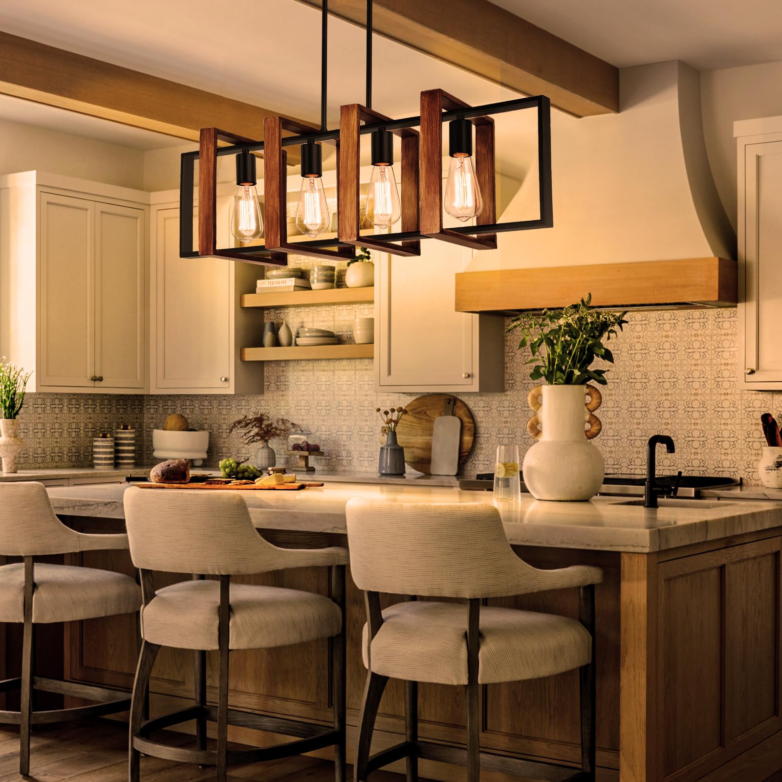 Alynzee Farmhouse Kitchen Island Lighting,31.5'' Adjustable Dining Room Light Fixture,Black 4-Light Chandeliers With Rectangular