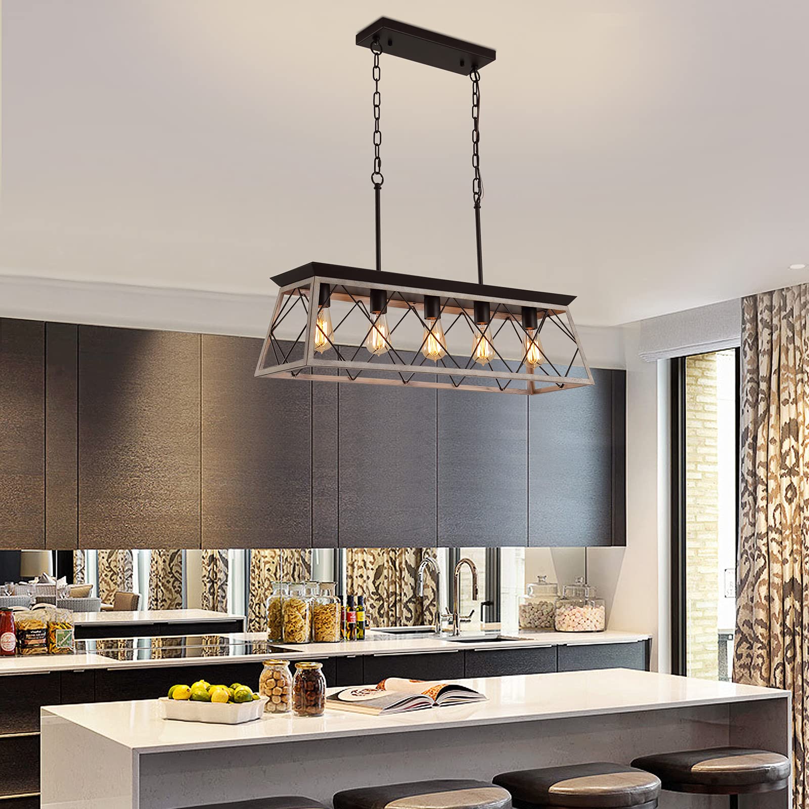 Q&S 5-Light Rustic Vintage Chandelier, Oak & Orb Pendant Fixture For Kitchen, Bar, Office