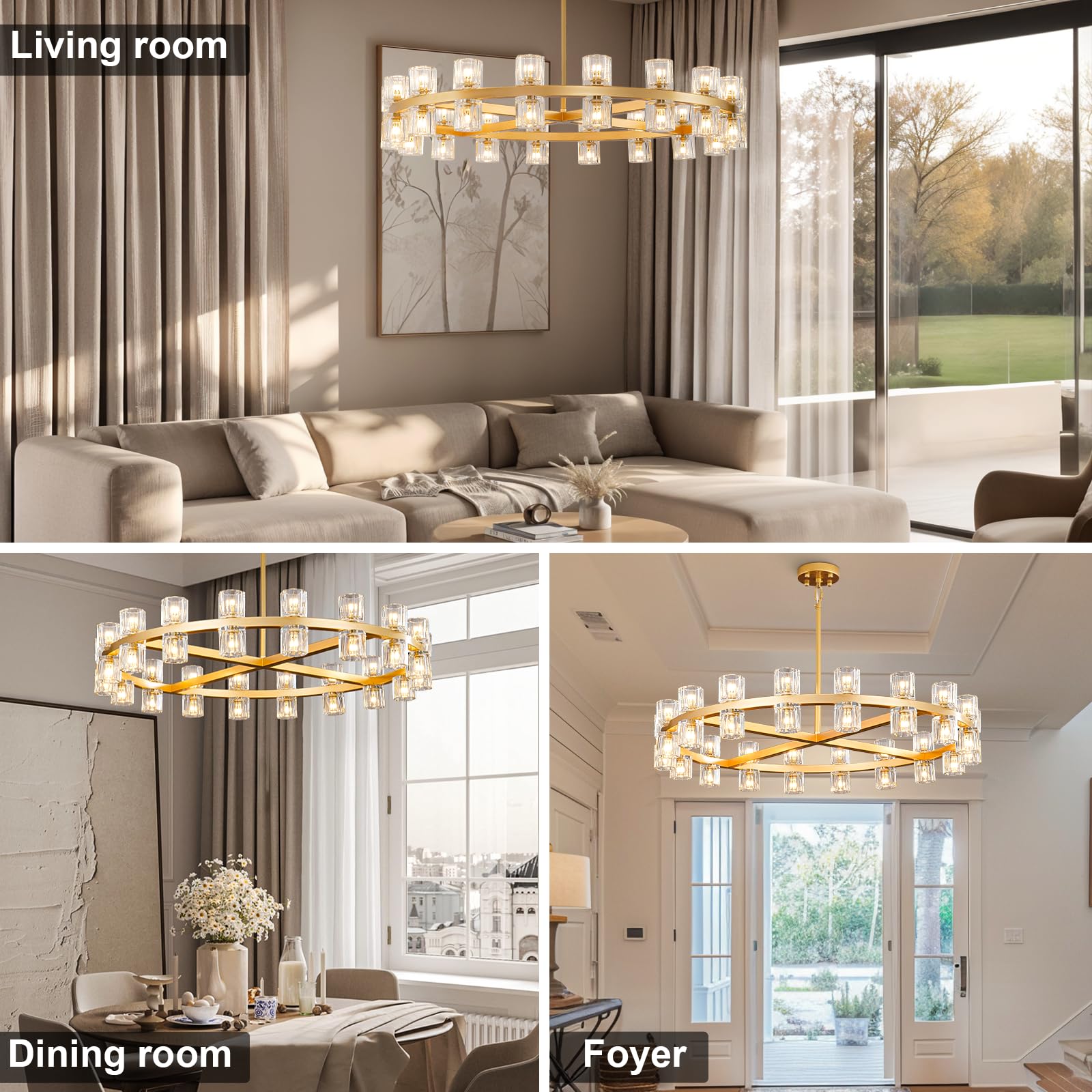 Plsintly Modern 36'' Gold Round Chandelier Light Fixture, K9 Crystal Chandeliers For Dining Room, Living Room, Dining Room Chand