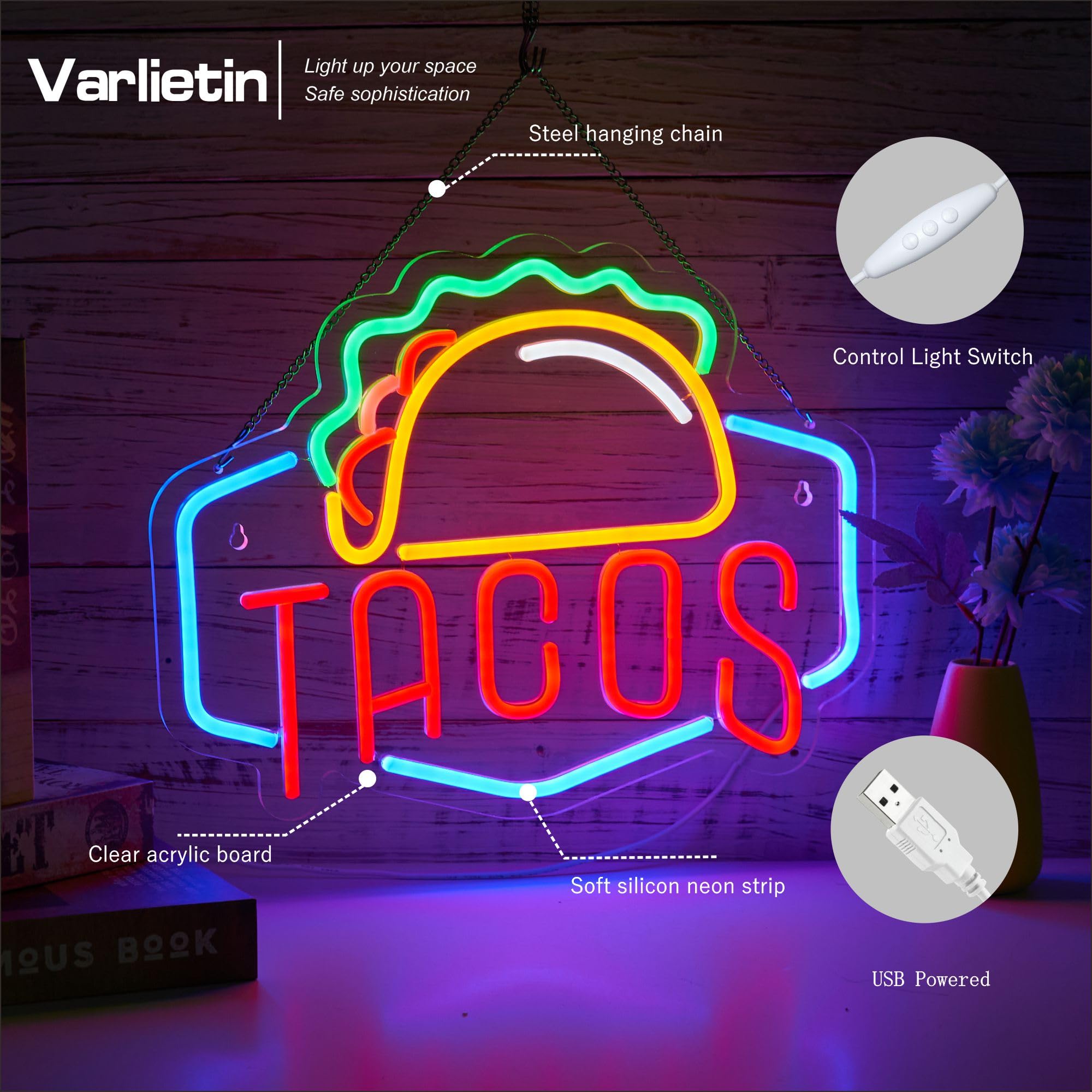 VarLietin Neon Sign for Wall Decor, USB Powered Taco Light, Acrylic, Blue Yellow Green Tacos