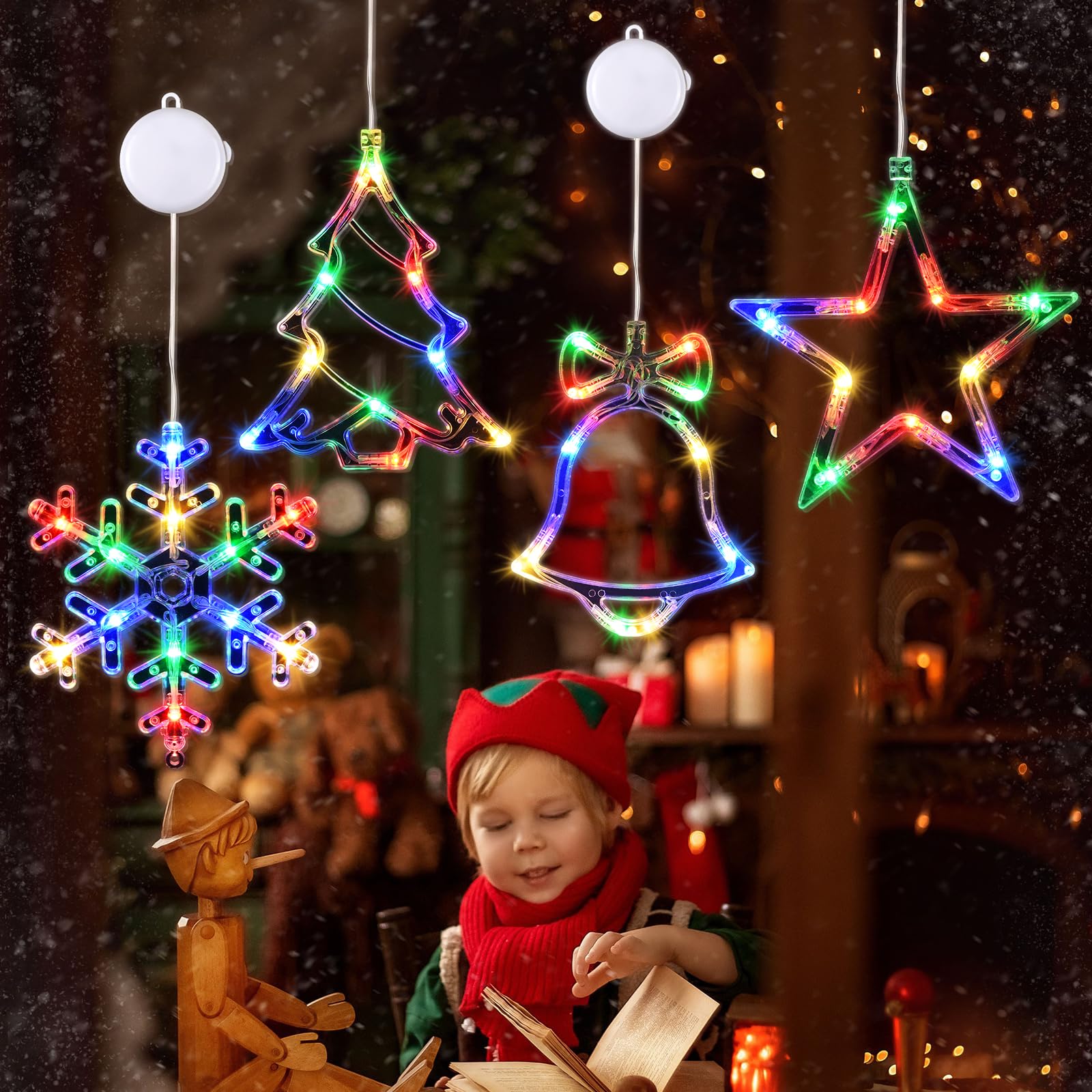 Waipfaru 4 PCS Christmas Window Lights with Timer, Multicolor Jingle Bell & Snowflake Decor, Model ISL001-D