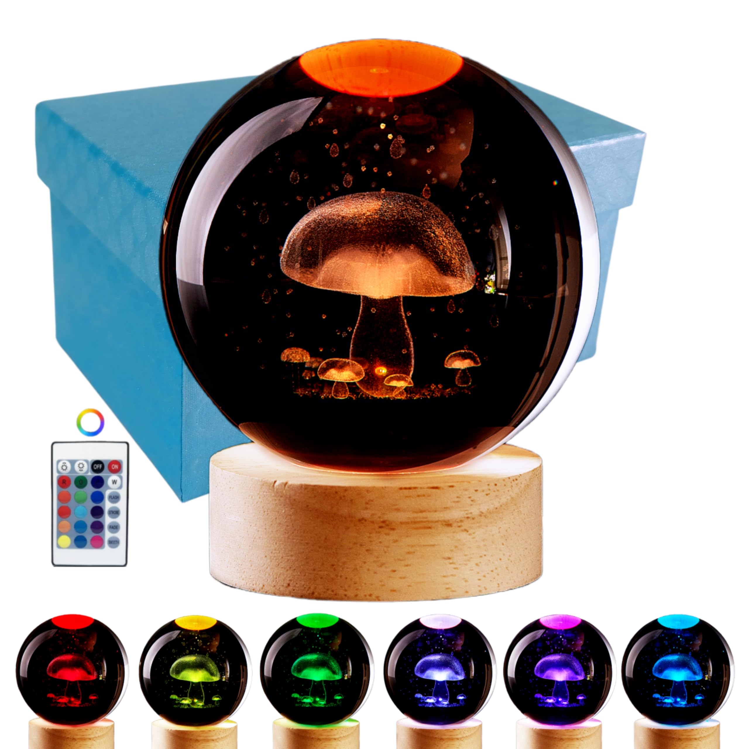 3D Mushroom Crystal Ball Lamp,Lifelike LED Mushroom Night Light,16 Colors Changing Light,Dimmable Remote Control,Desk lamp (Mush