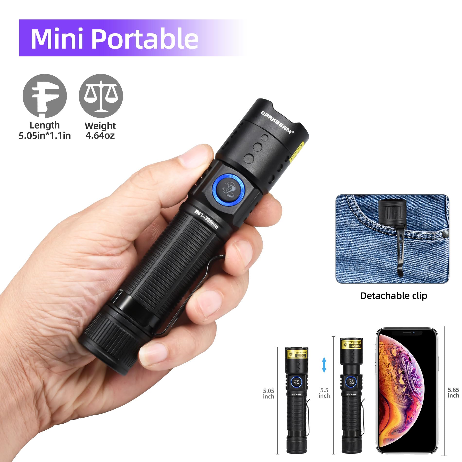 DARKBEAM UV Flashlight, 395 NM Black Light LED, Rechargeable USB-C, Water Resistant, Focusable, Model B61-DB-395NM