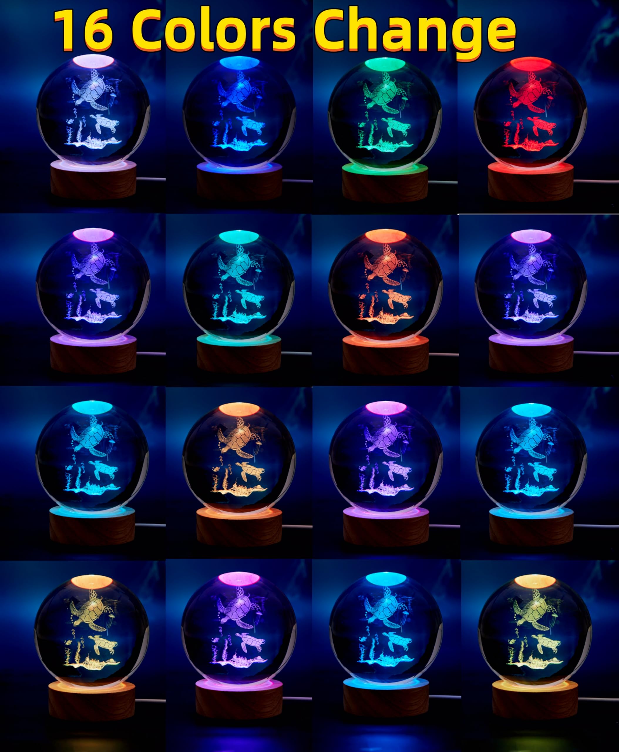Conalisk Sea Turtle Crystal Ball Lamp - 3D Night Light, 16 Colors, Dimmable, Remote Control, Gift Idea
