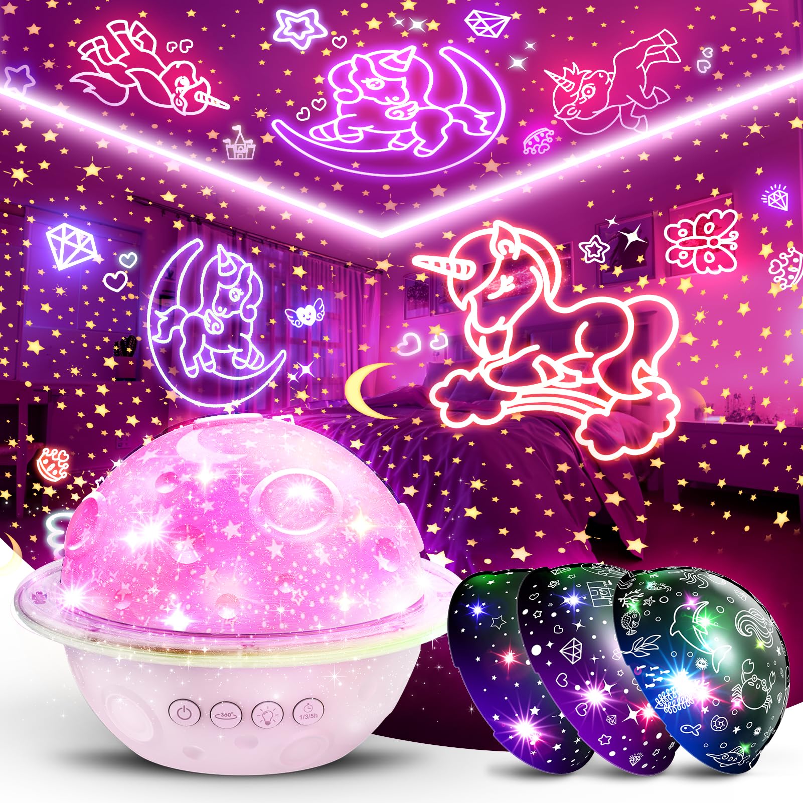 DEVRNEZ Unicorn Night Light Projector, 4-in-1 Star Projector Toys, Pink, Model 006, for Kids Ages 3-12, ABS Material, 360° Rot