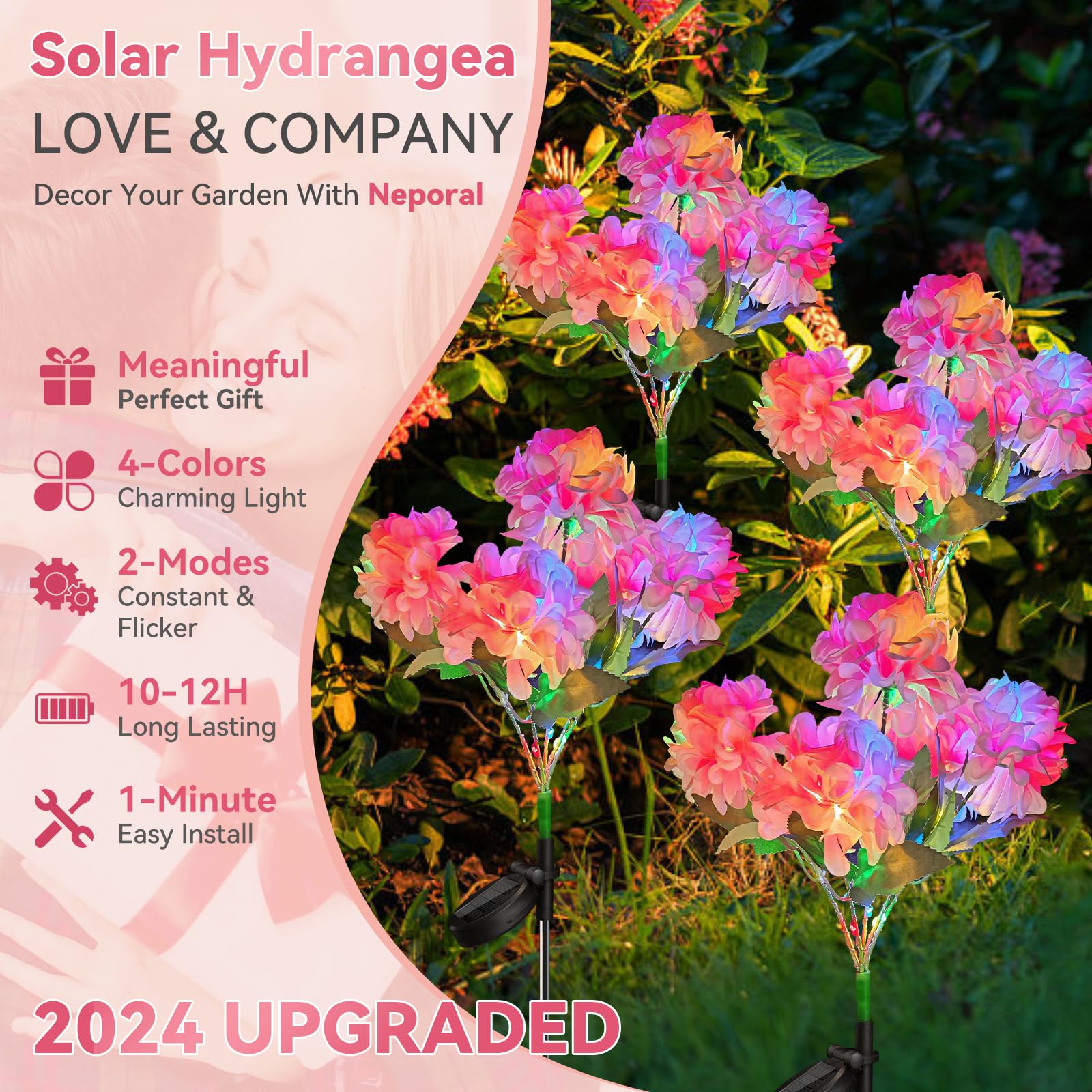 Neporal Solar Flowers - 5-Head Hydrangea Lights, 4-Color, 2 Lighting Modes, Waterproof IP65, 4 Packs, Plastic