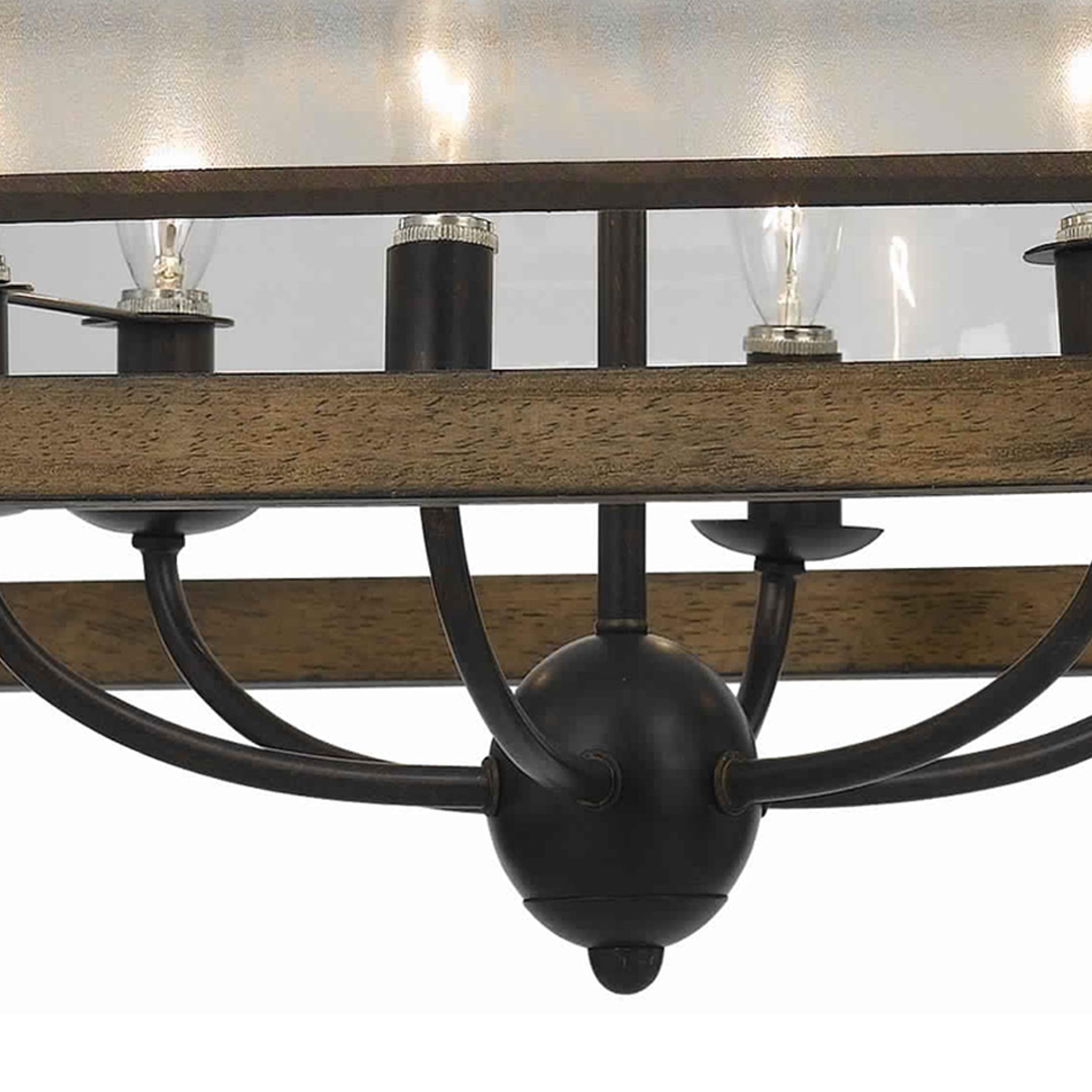 Benjara 6 Bulb Square Chandelier With Wooden Frame And Organza Striped Shade, Brown