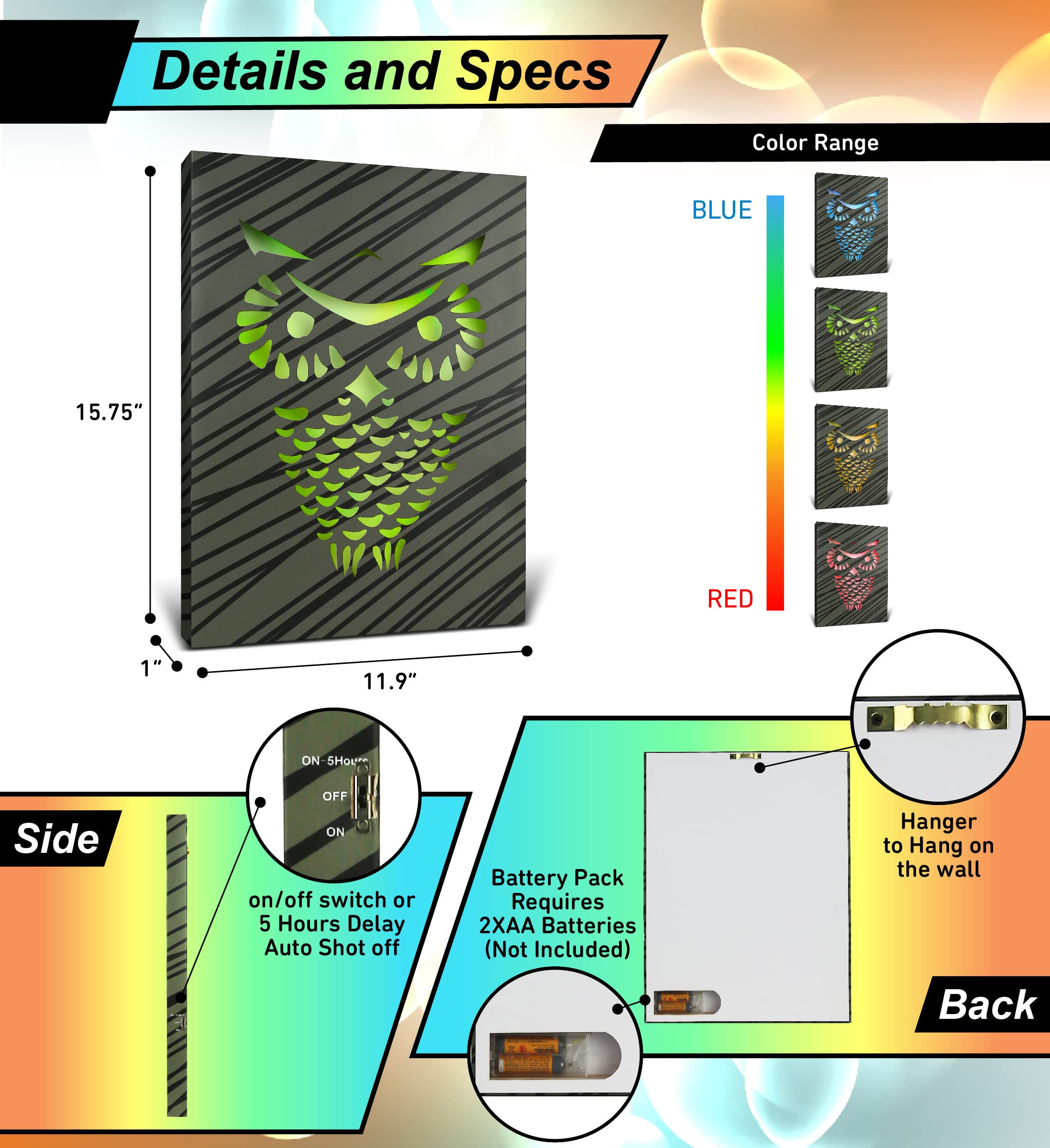 Cota Global Owl Light Up Led Wall Art - Fun Changing Color Led Light Up Picture Art For Bedroom, Modern Wall Hang Living Room Ar