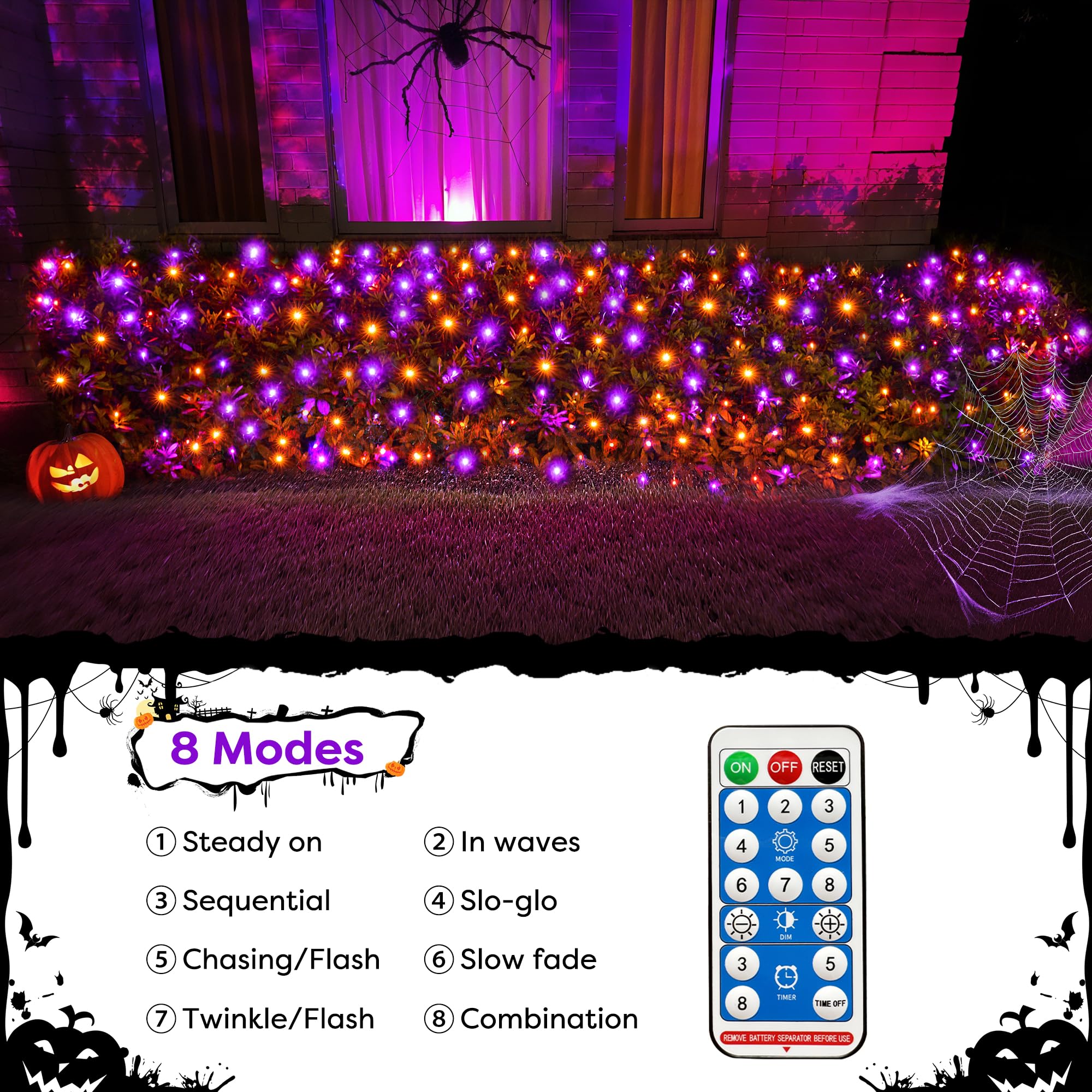 WBao Solar Halloween Lights 360LED 11.5ft x 6.9ft Orange Purple Halloween Net Lights with Remote, 8 Modes, Timer, IP65 Waterproo