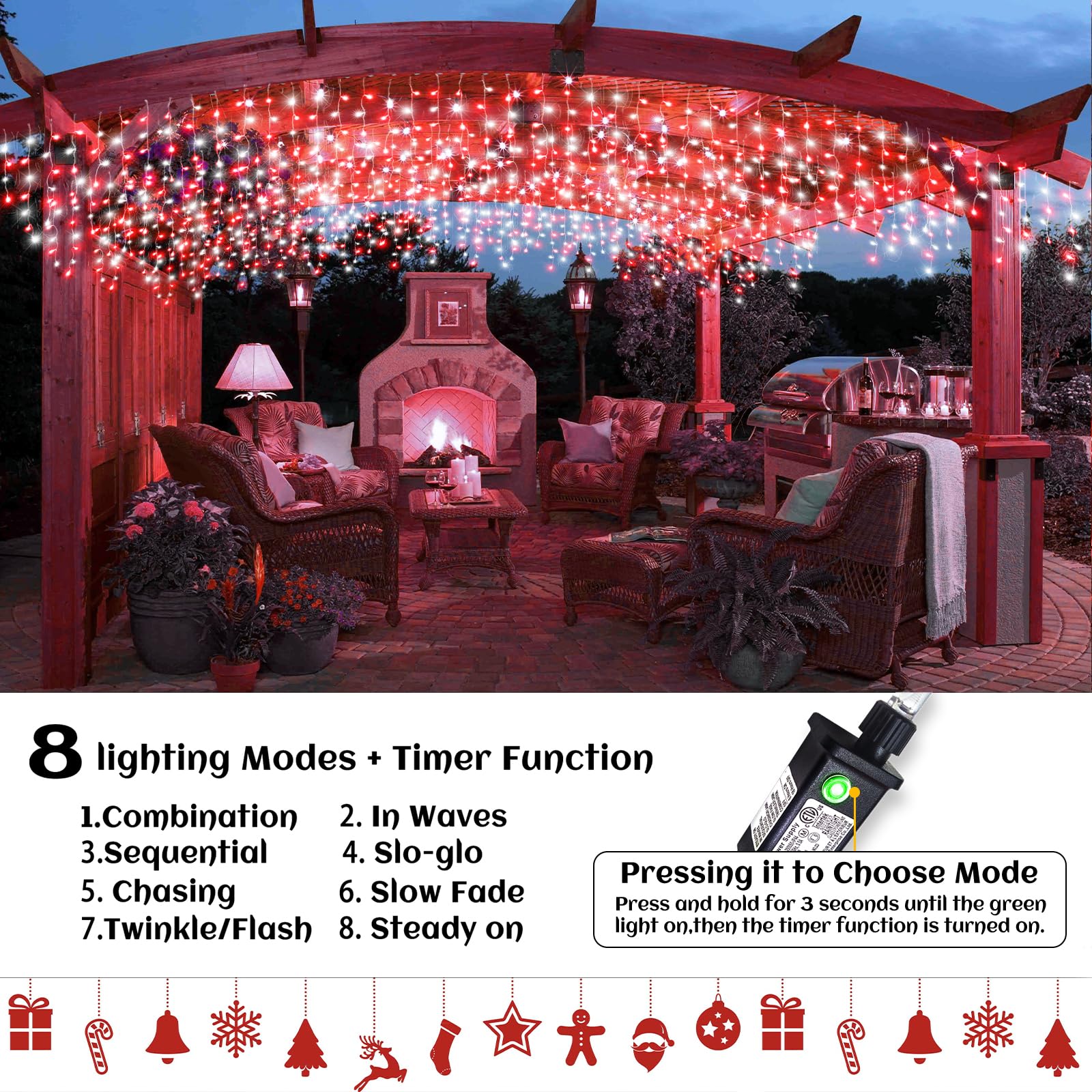 99Ft Icicle Lights For Outside  Red And White Christmas Lights Outdoor Indoor  1216 Led Twinkle Light With 228 Drops Short Curtain Light For Thanksgiving Room Home Wall Bedroom Window Decoration