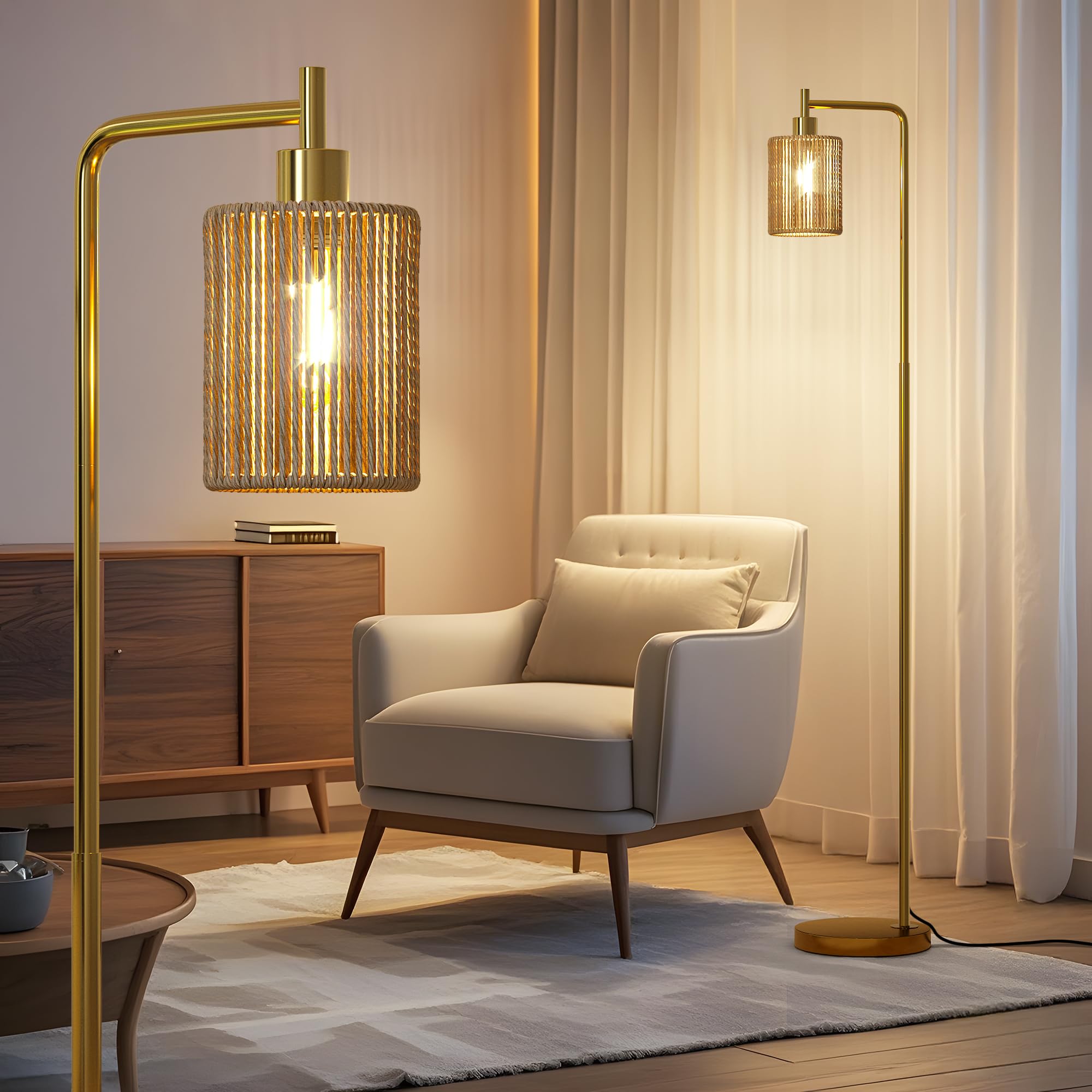 Oneach 66" Gold Floor Lamp, Boho Rattan Shade, Industrial Design, Model MZ-F1222, Perfect for Living Room, Bedroom, Office