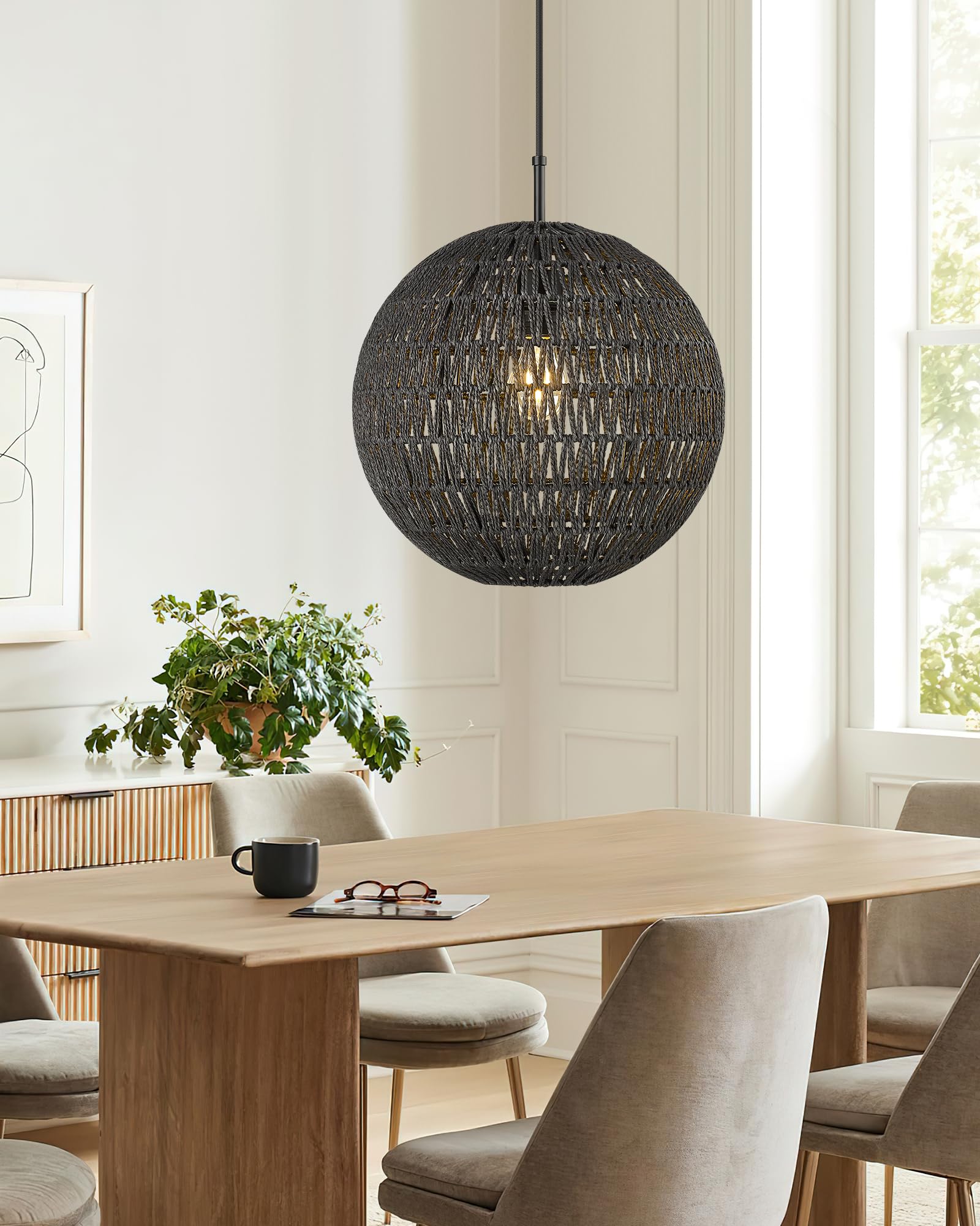 Elyona 14&quot; Modern Woven Chandelier - Black Boho Rattan Pendant Light For Dining Room, Kitchen, Foyer