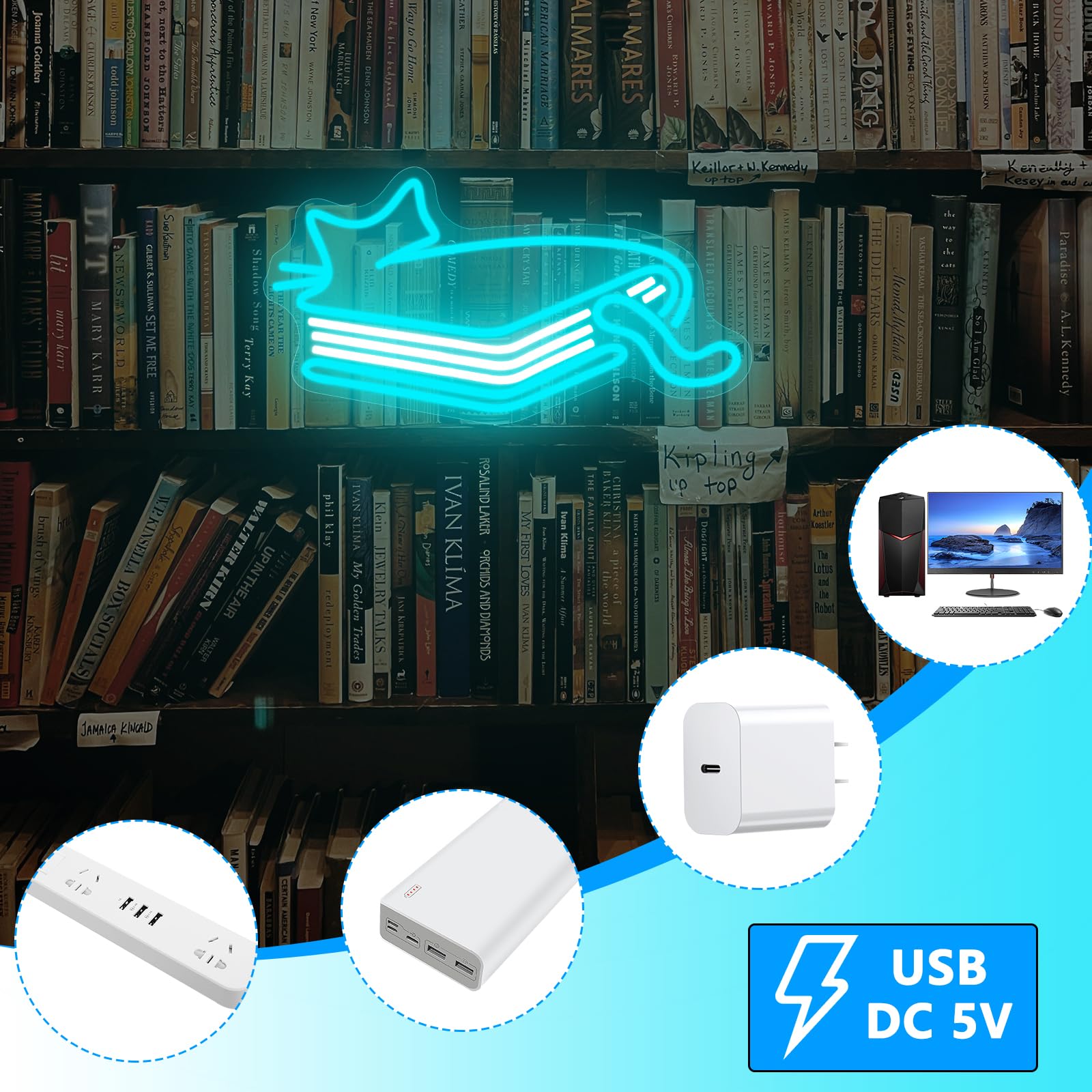 AUGELRE Neon Cat Book Sign, Dimmable LED Wall Decor, Acrylic, Ice Blue