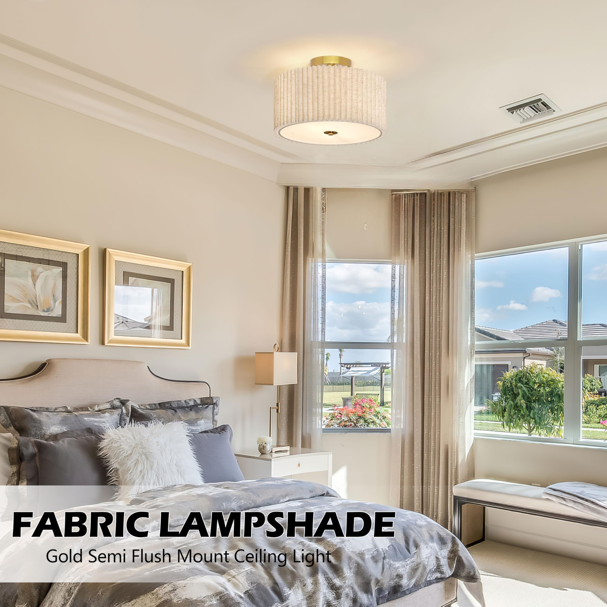 2 Light Semi Flush Mount Ceiling Light Fixture 12.6 Inch Modern Gold Drum Ceiling Light Fixture With Pleated Fabric Shade Dimmab