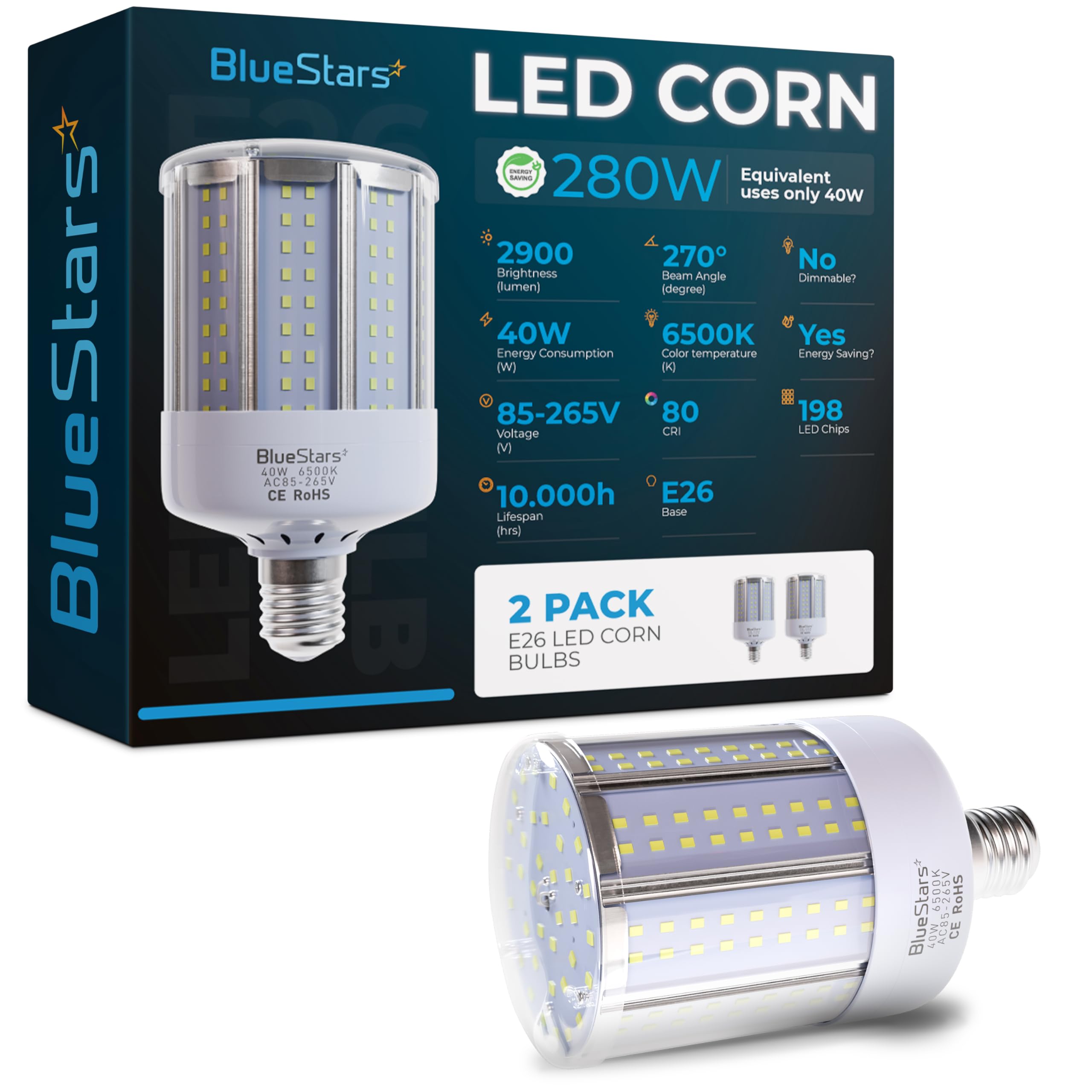 BlueStars 2-Pack 40W E26 LED Corn Light Bulbs, 2900 Lumens, Cool White 6500K, Medium Base, Plastic