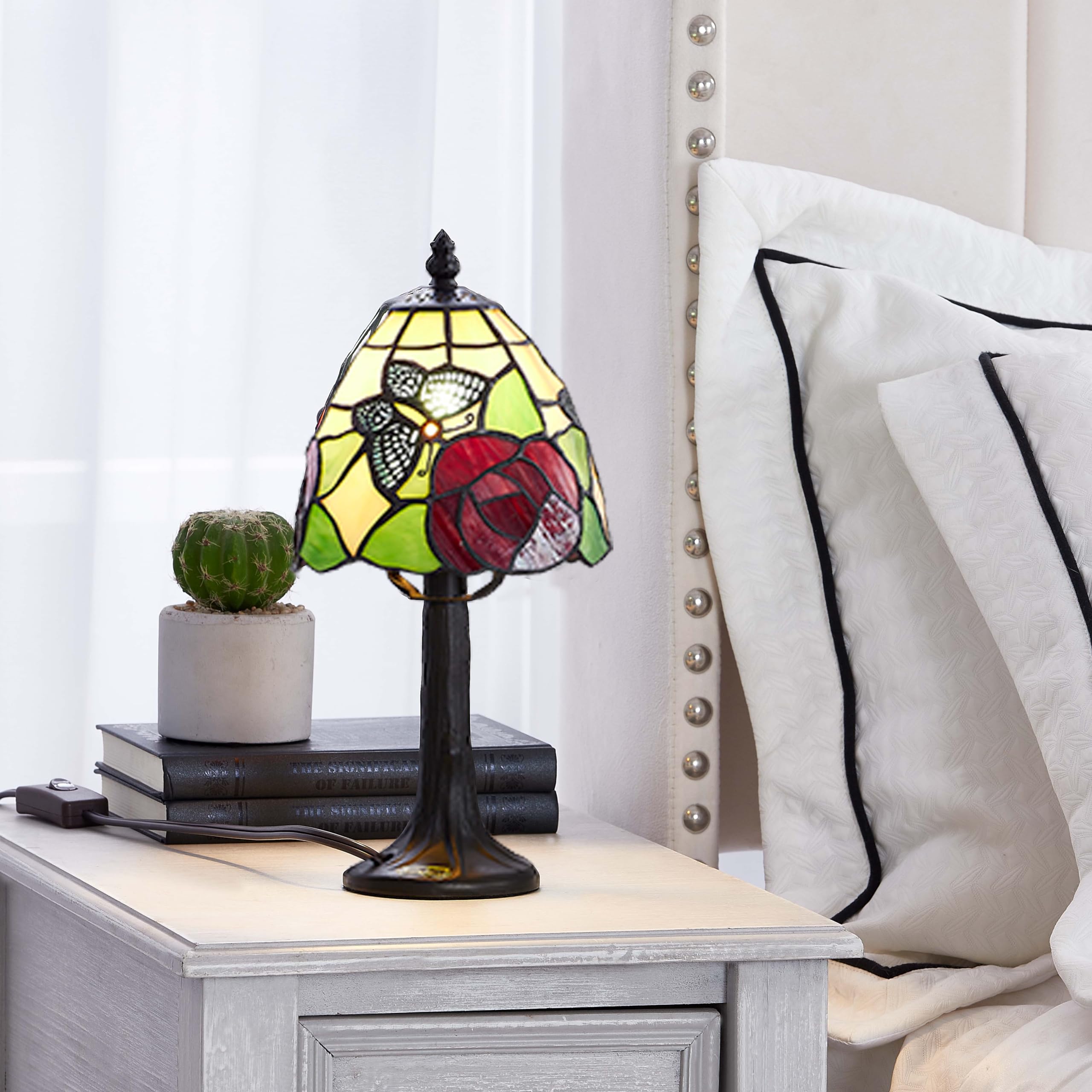 Glitzlamp Butterfly Tiffany Style Stained Glass Table Lamp With 6-Inch Wide Complicated Design Lampshade Resin Base For Living R