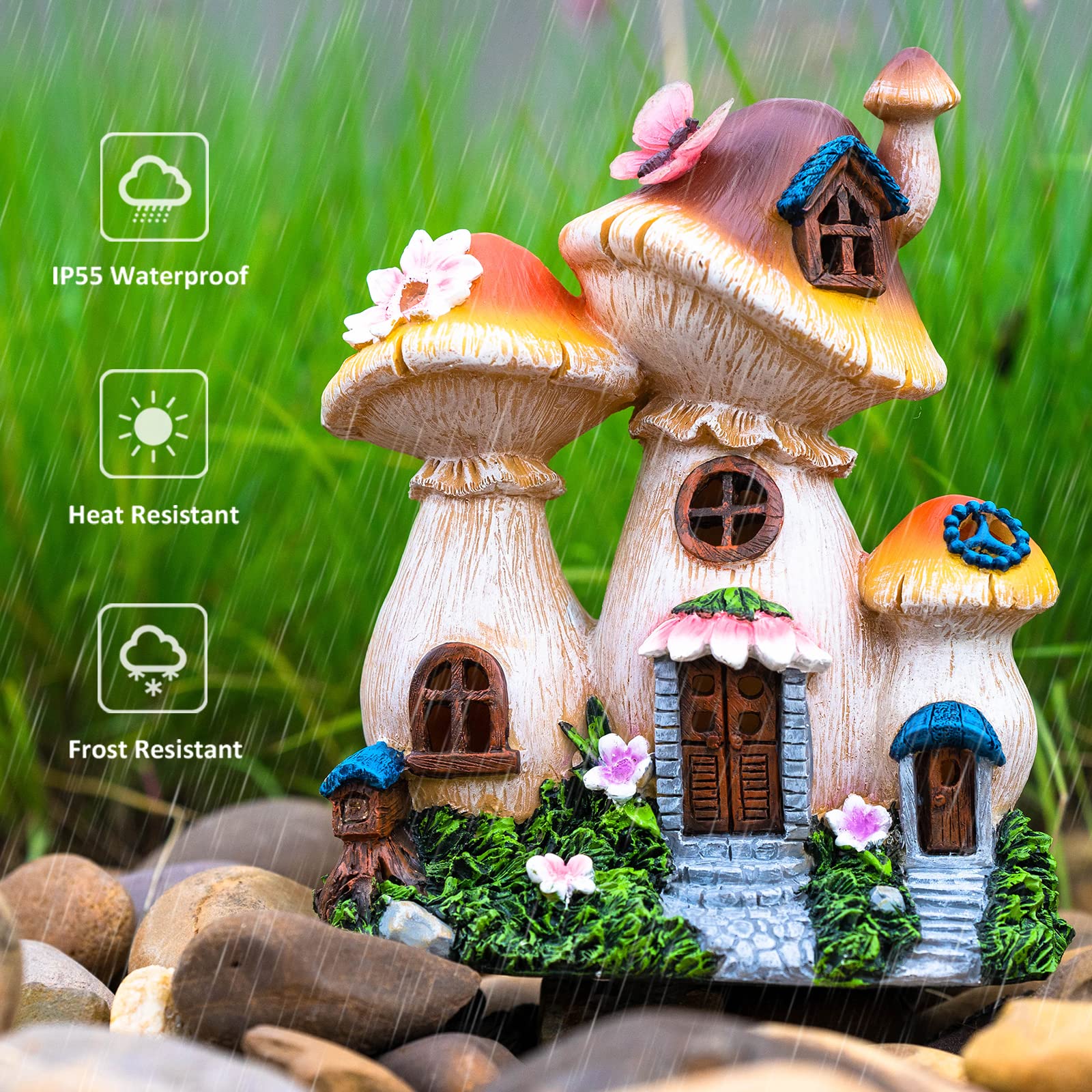 Candieslife Solar Garden Statue Lights Mushroom Fairy House Figurine, Outdoor Memorial Garden Ornaments Waterproof Decoration Fo