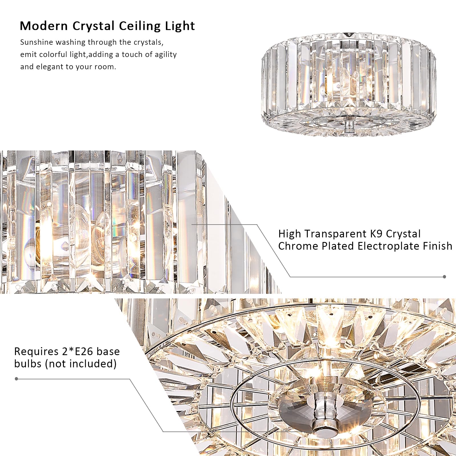 Pasentel Crystal Round Flush Mount Modern Close To Ceiling Light Fixture, Chrome Ceiling Lights 2-Light Hallway Light Fixtures C