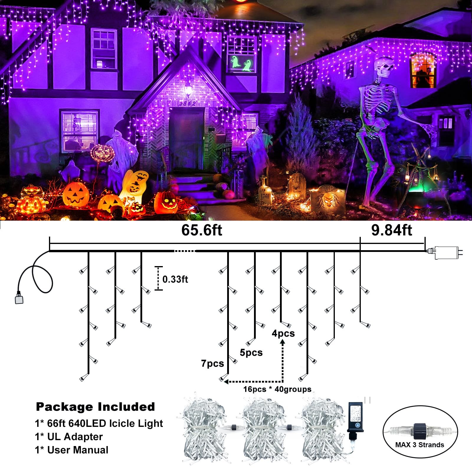 XmasBokeh 640 LED Icicle Lights, 66FT Outdoor String Curtain Light, 8 Modes, Waterproof, Purple, Model BG-CL3M3-306L01