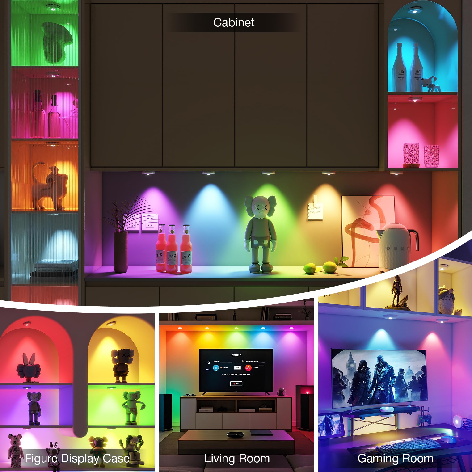 MICLIONLED RGB Puck Lights - Remote Control, 2000mAh Rechargeable, 9 Colors, Magnetic Stick-On, Silver, 3 Pack, Model M3-GB18
