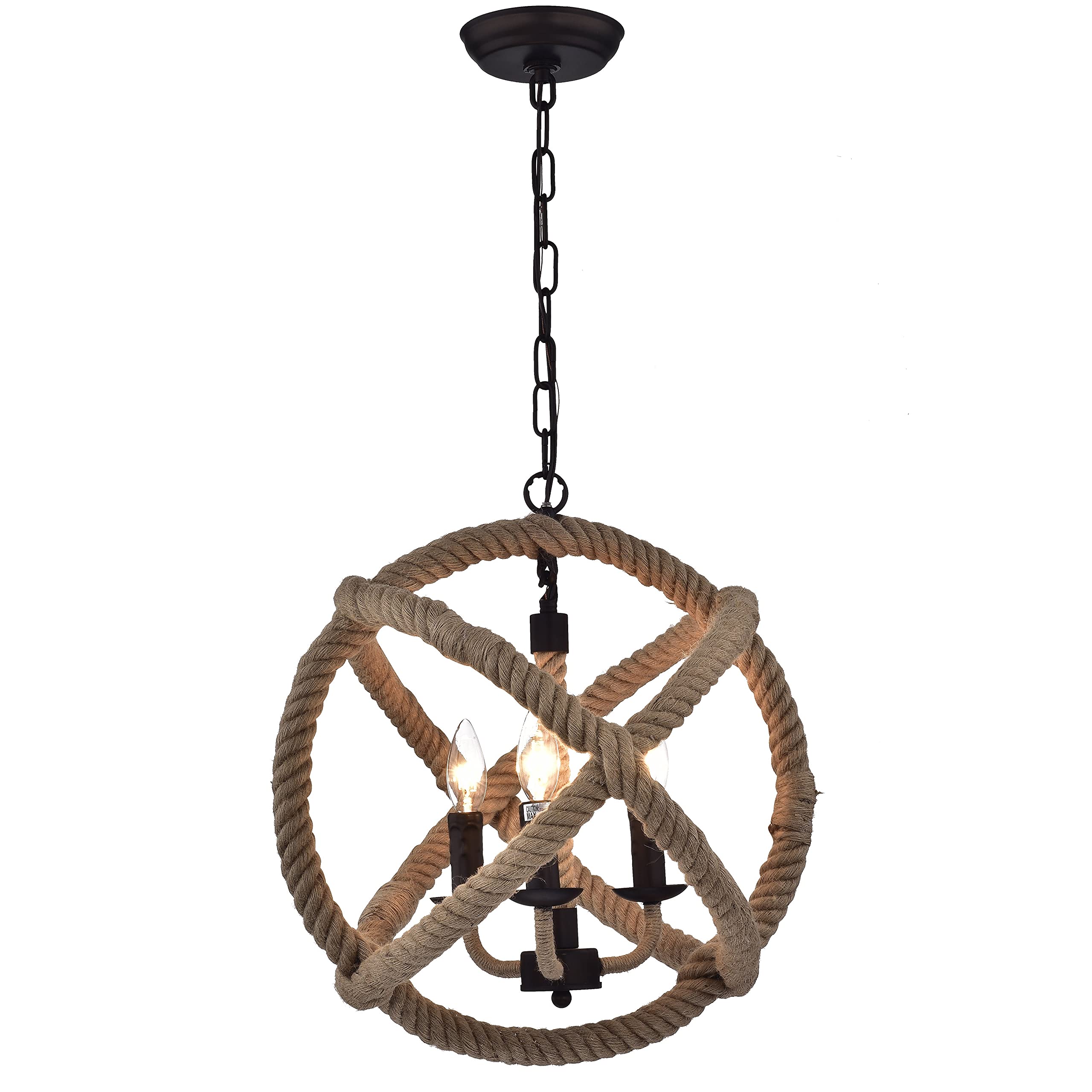 Warehouse of Tiffany Chandelier RL8149AB, 16.5in Antique Bronze Metal with Hemp Rope, Brown/Tan
