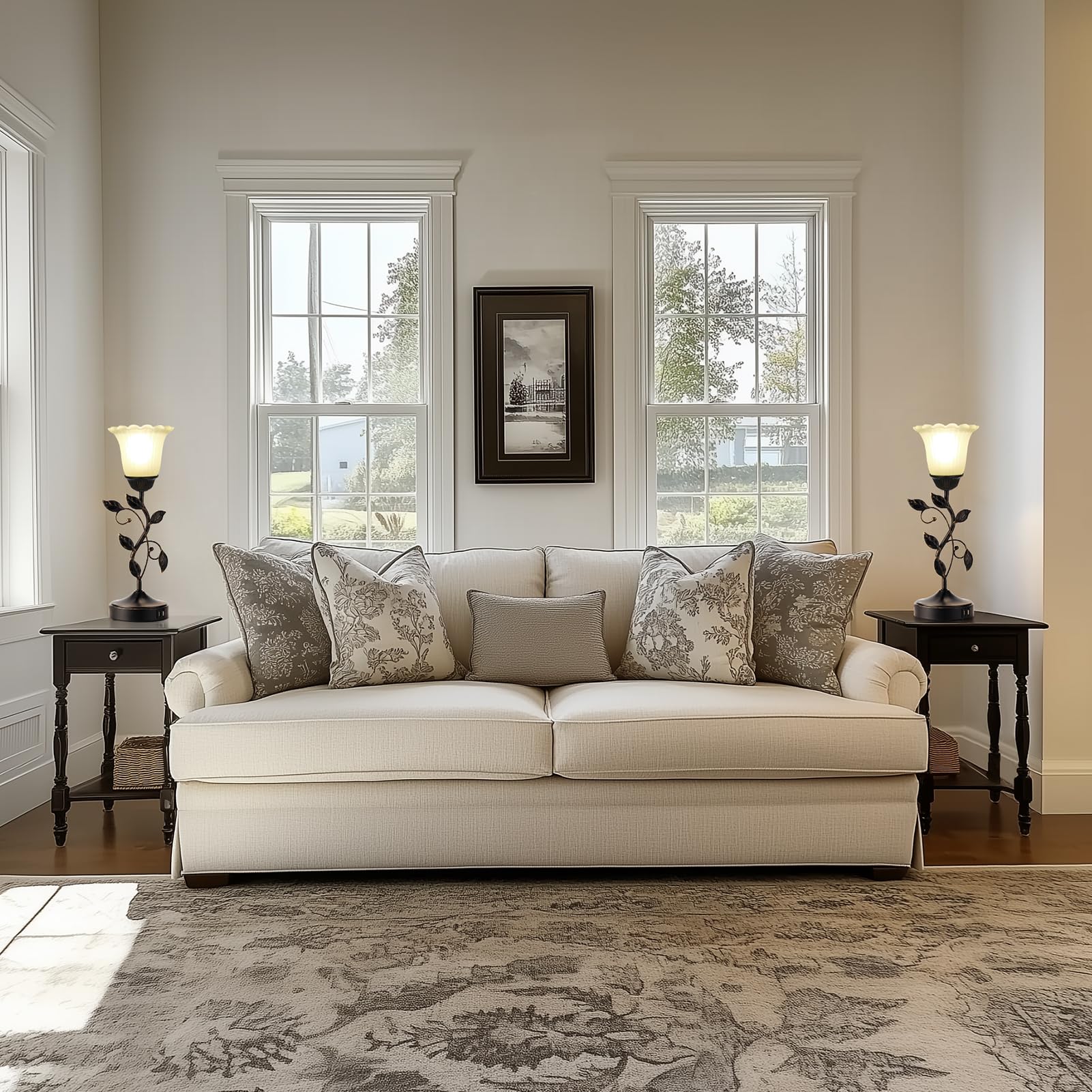 Roriano Set Of 2 Touch Bedside Vintage Lamps With 2 Usb Ports, 3-Way Dimmable Flower Lamps, White Glass Shade Rustic Leaf Lamp F