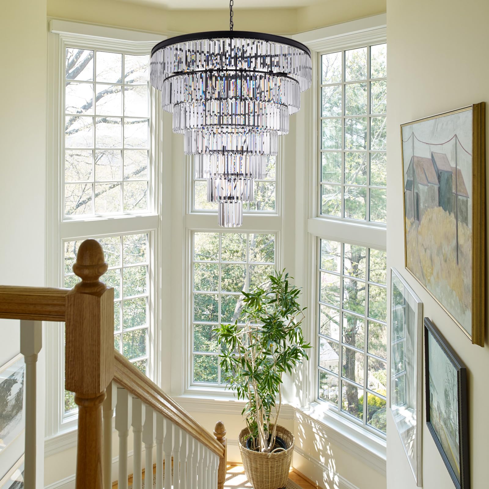 TOCHIC 40" Large Black Crystal Chandelier, 7-Tier Metal Lighting Fixture for High Ceilings, Ideal for Entryway & Living Room